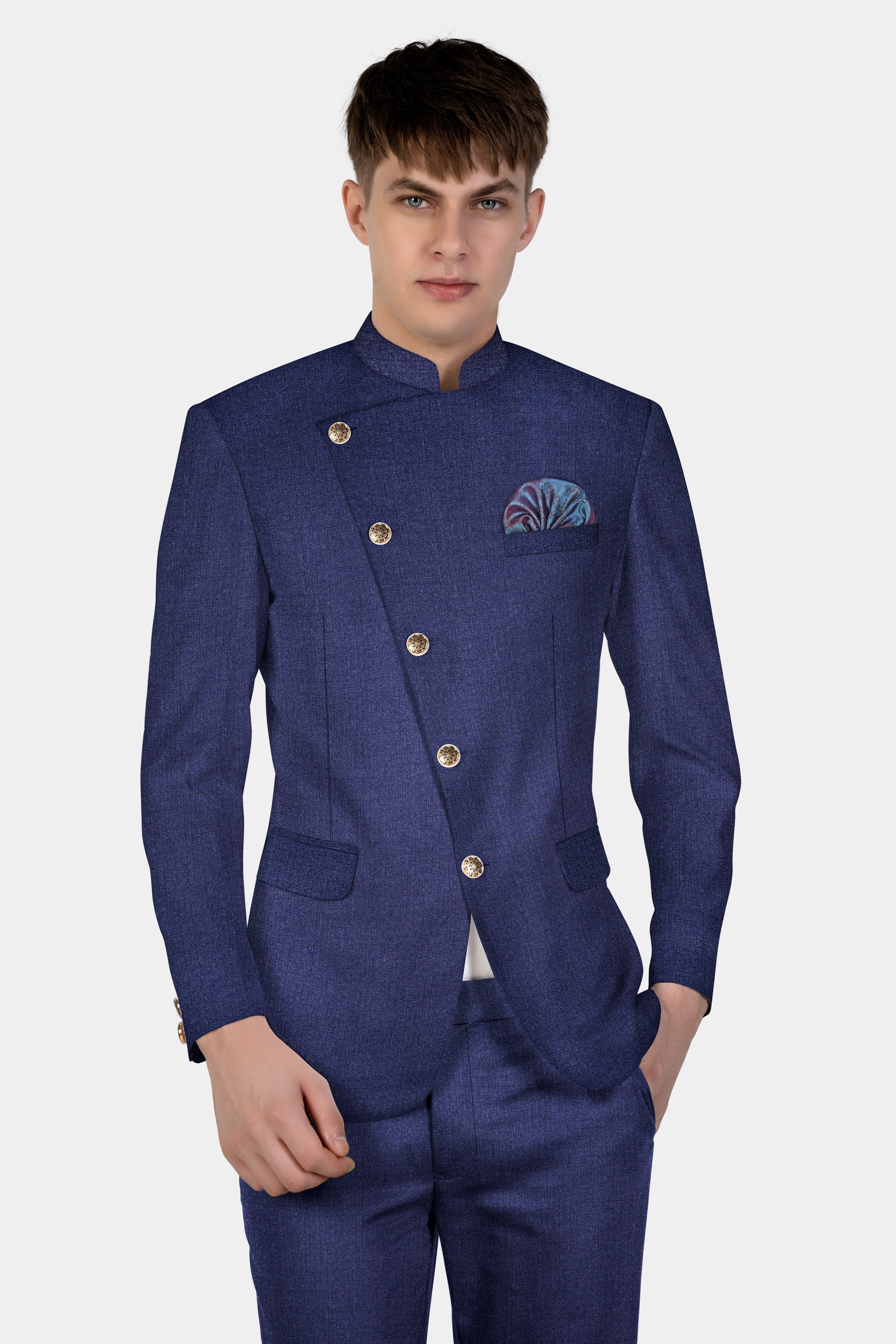 Ebony Clay Blue Textured Wool Blend Cross Placket Bandhgala Blazer