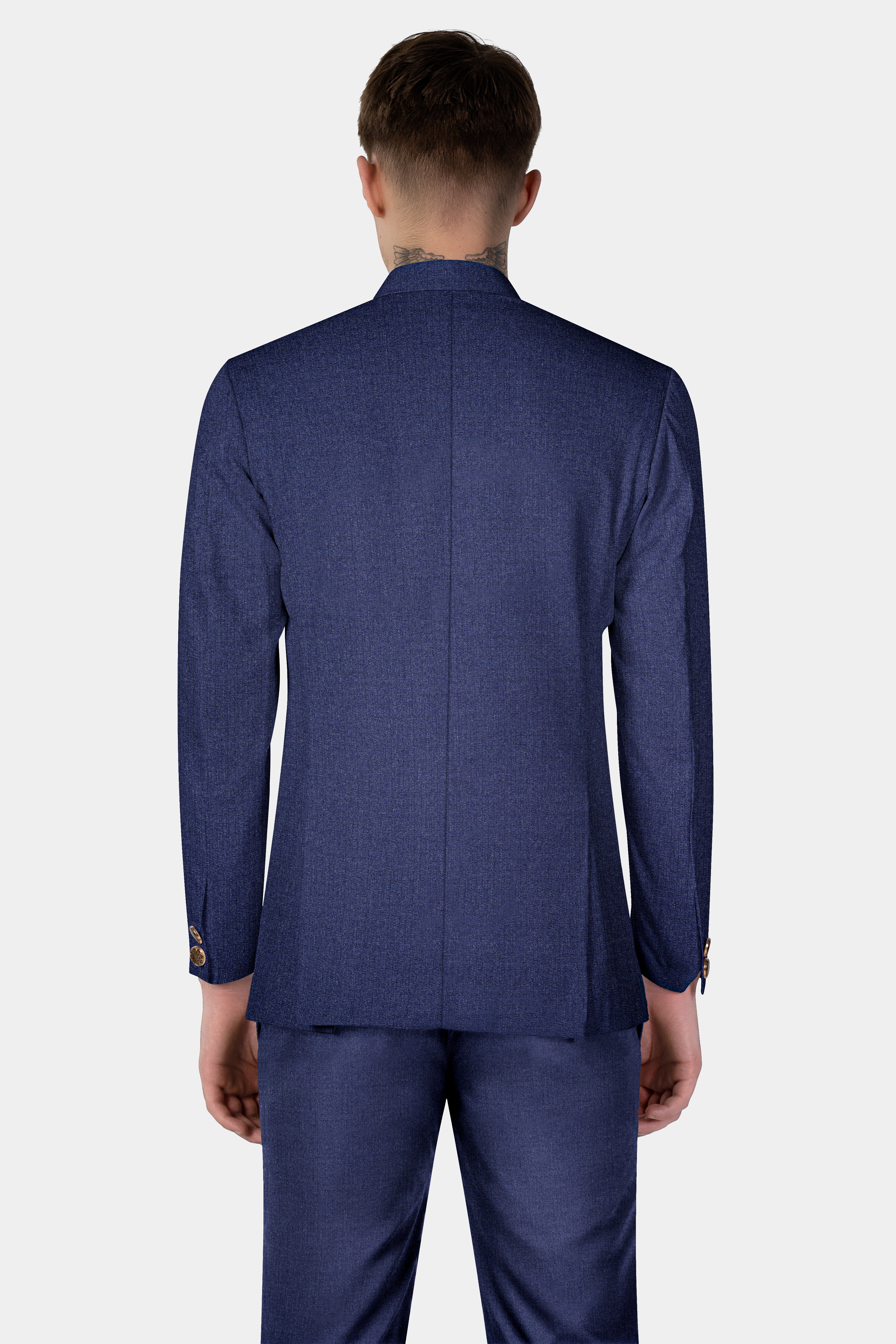 Ebony Clay Blue Textured Wool Blend Cross Placket Bandhgala Blazer