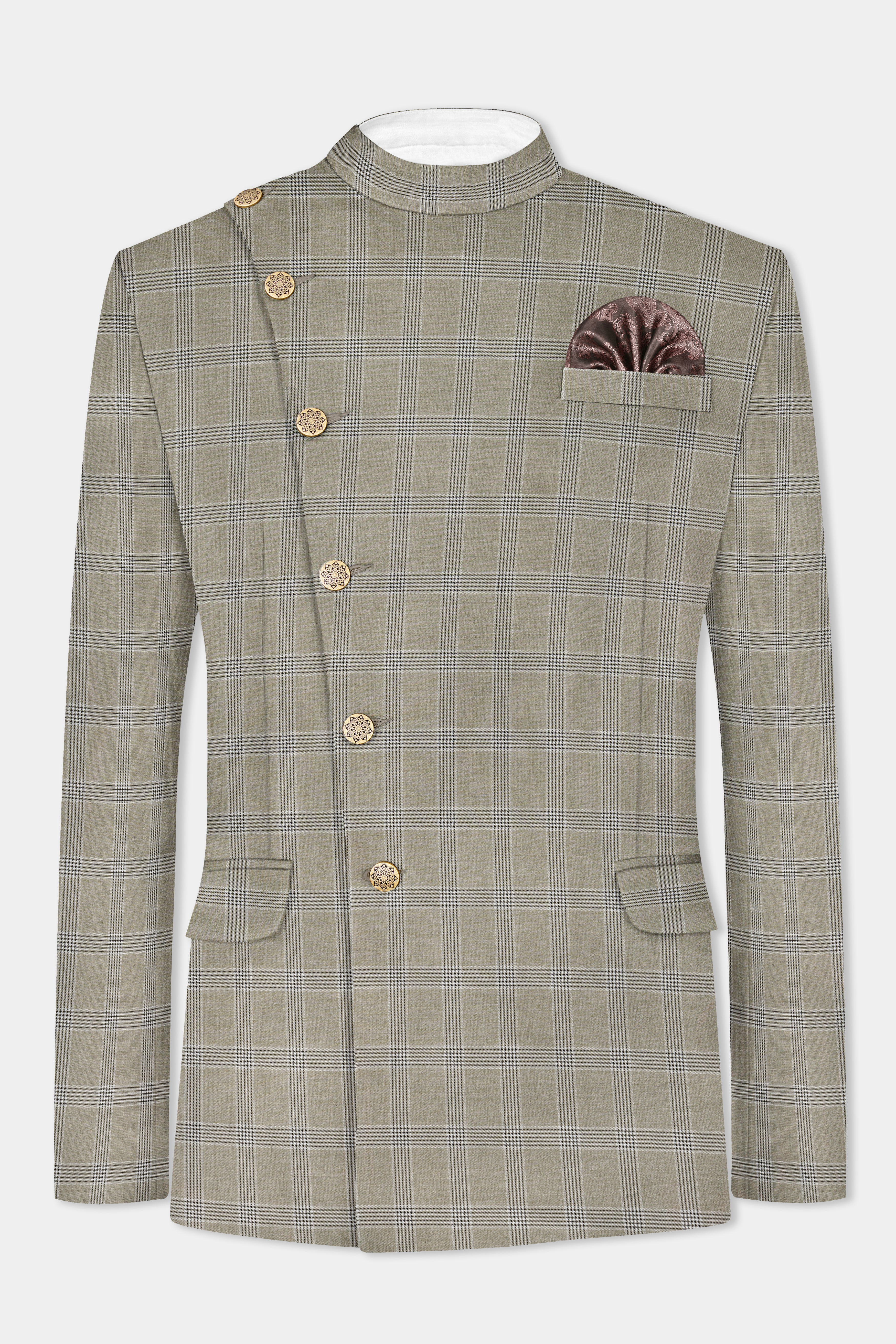 Sandrift Cream Plaid Wool Blend Cross Placket Bandhgala Blazer