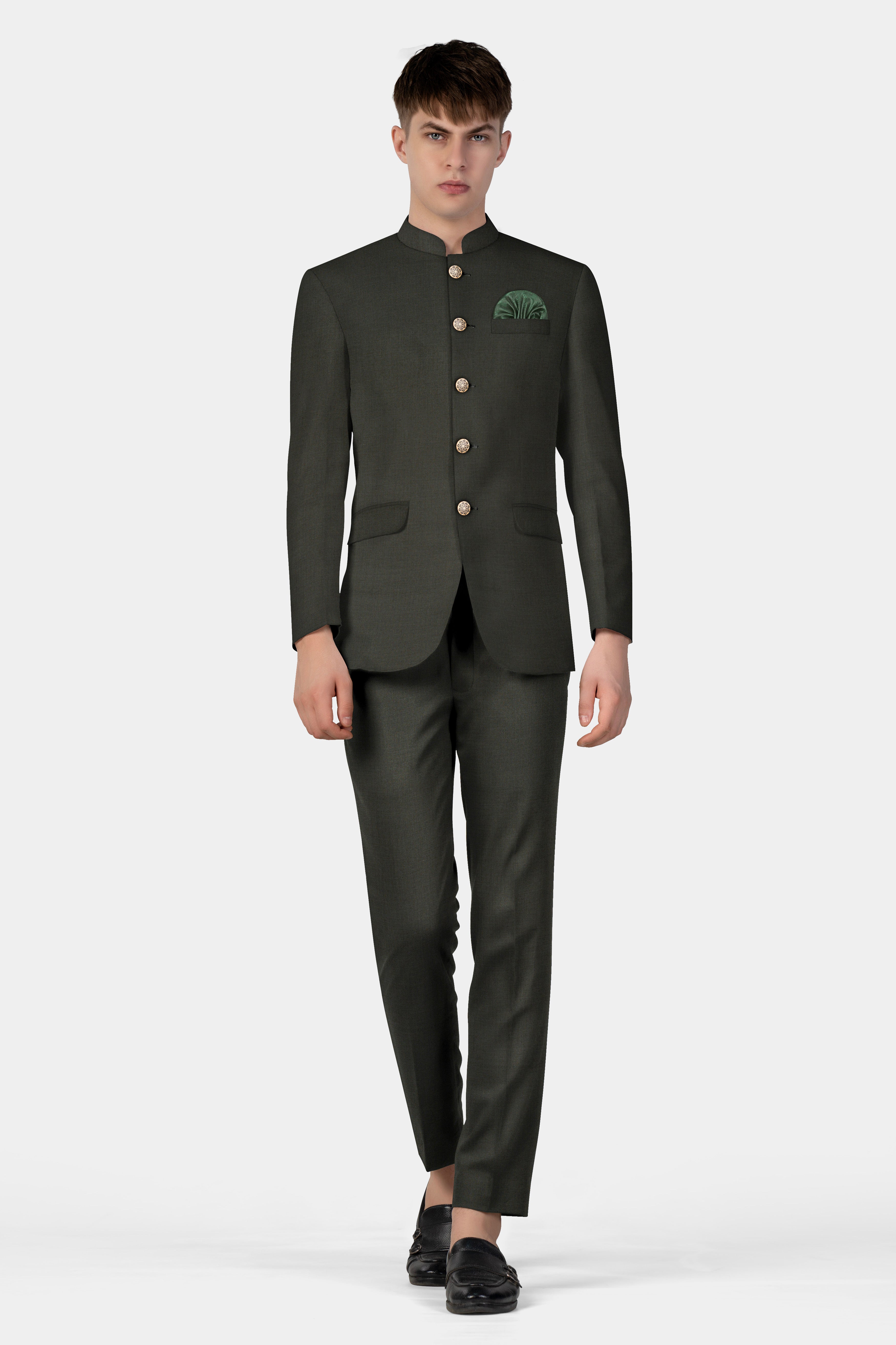 Rangoon Green Wool Blend Bandhgala Blazer