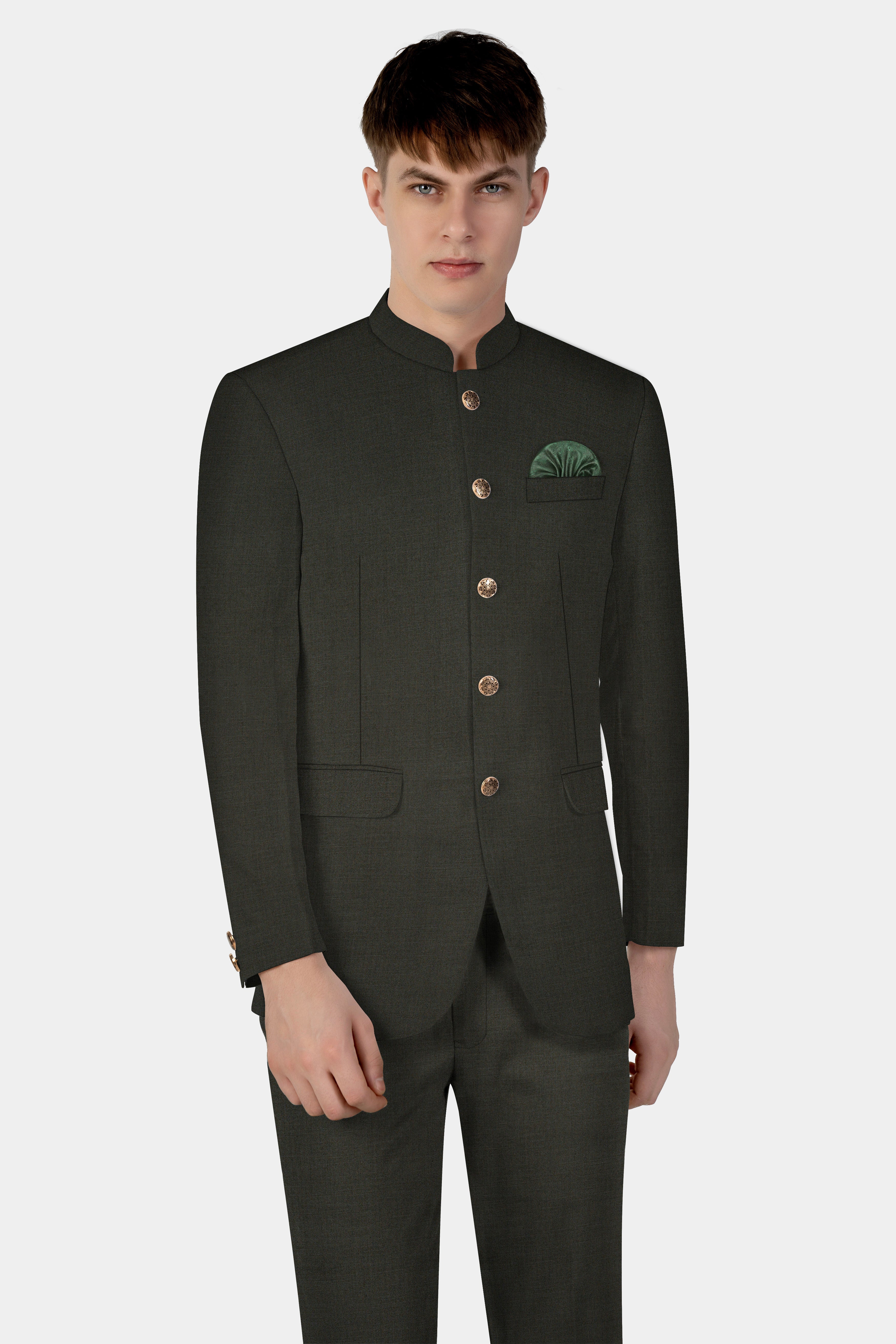 Rangoon Green Wool Blend Bandhgala Blazer