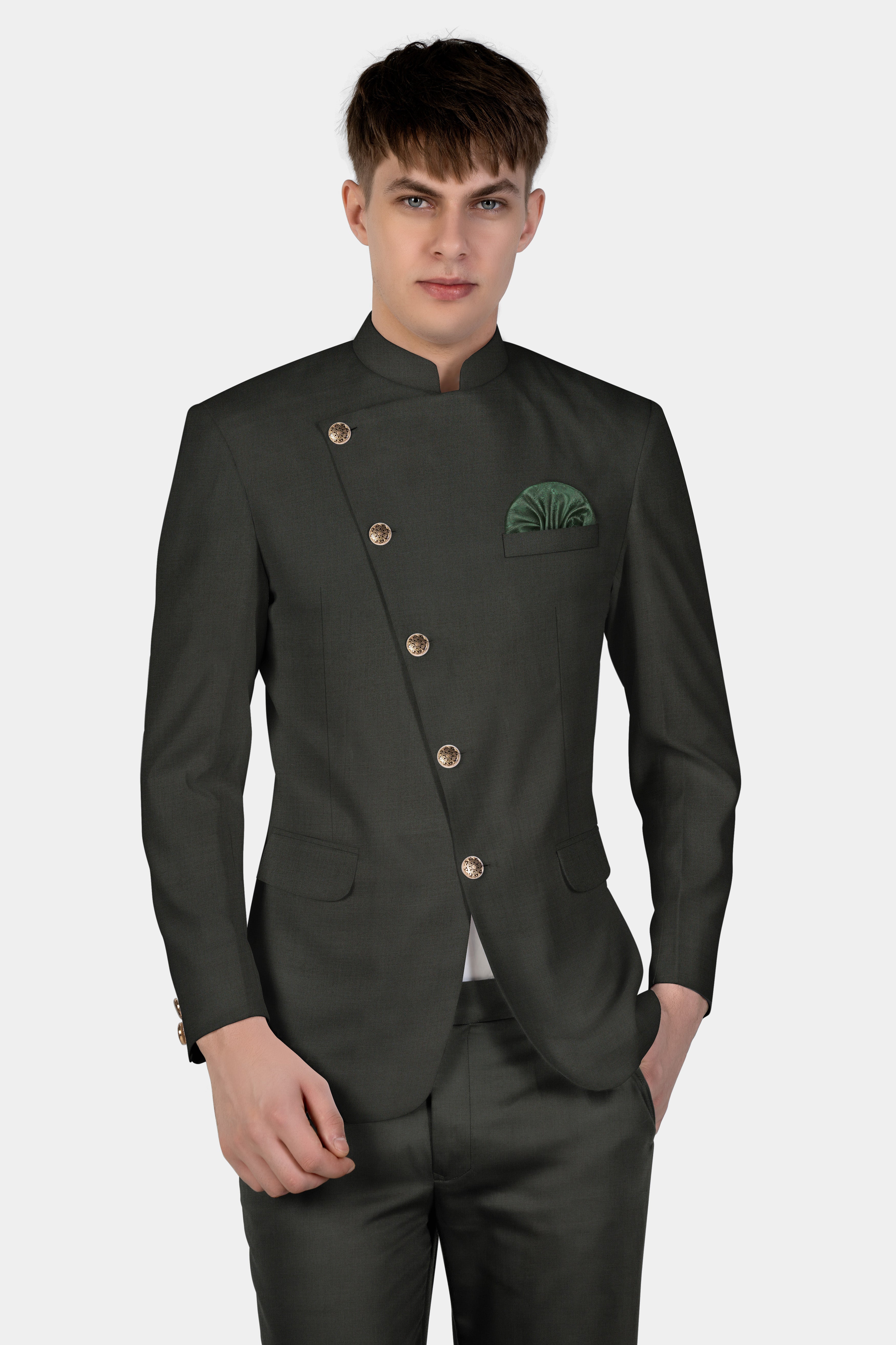 Rangoon Green Wool Blend Cross Placket Bandhgala Blazer