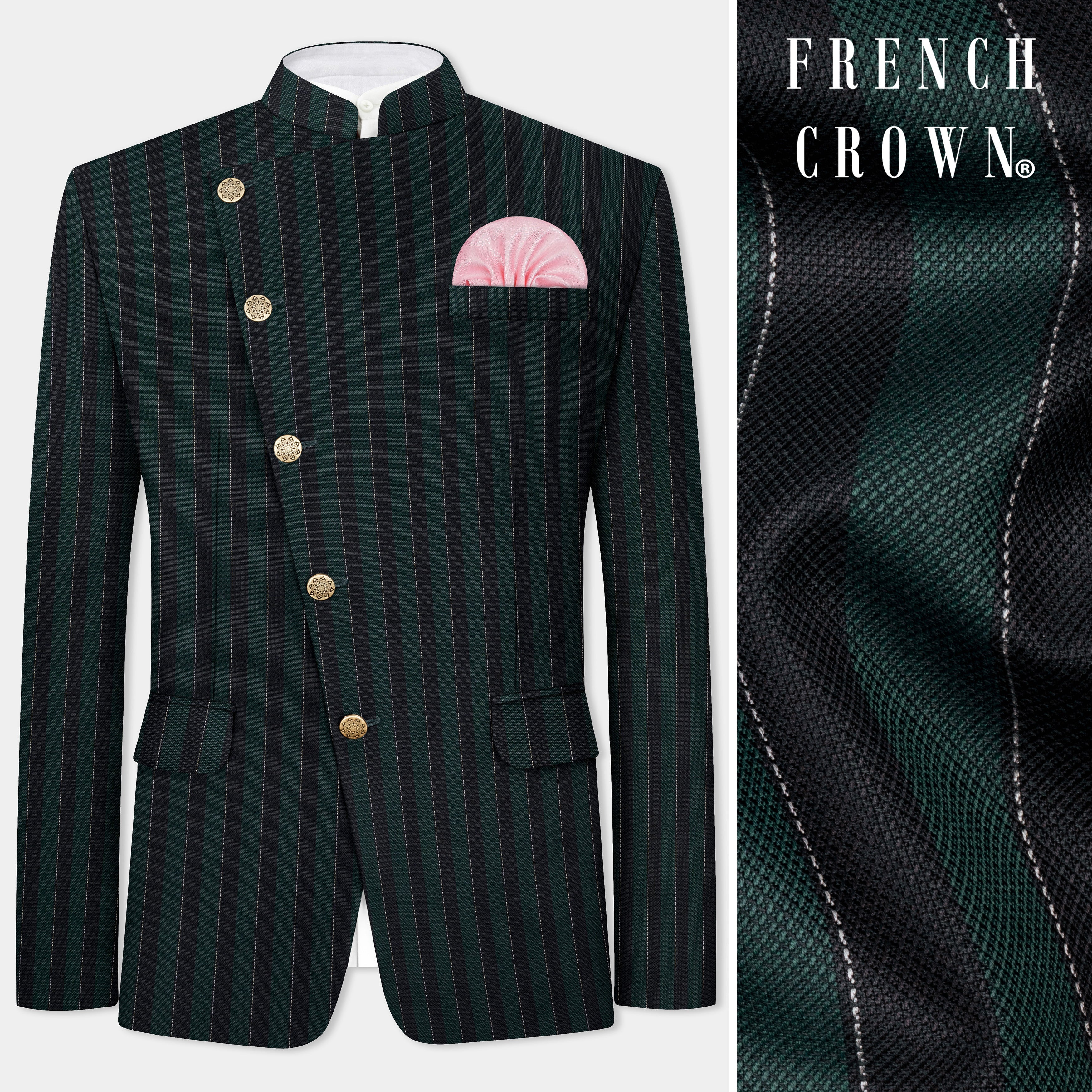 【 Urban unique 】 high-neck strap coat Timber Green With Bunker Black Stripes Premium Wool Blend