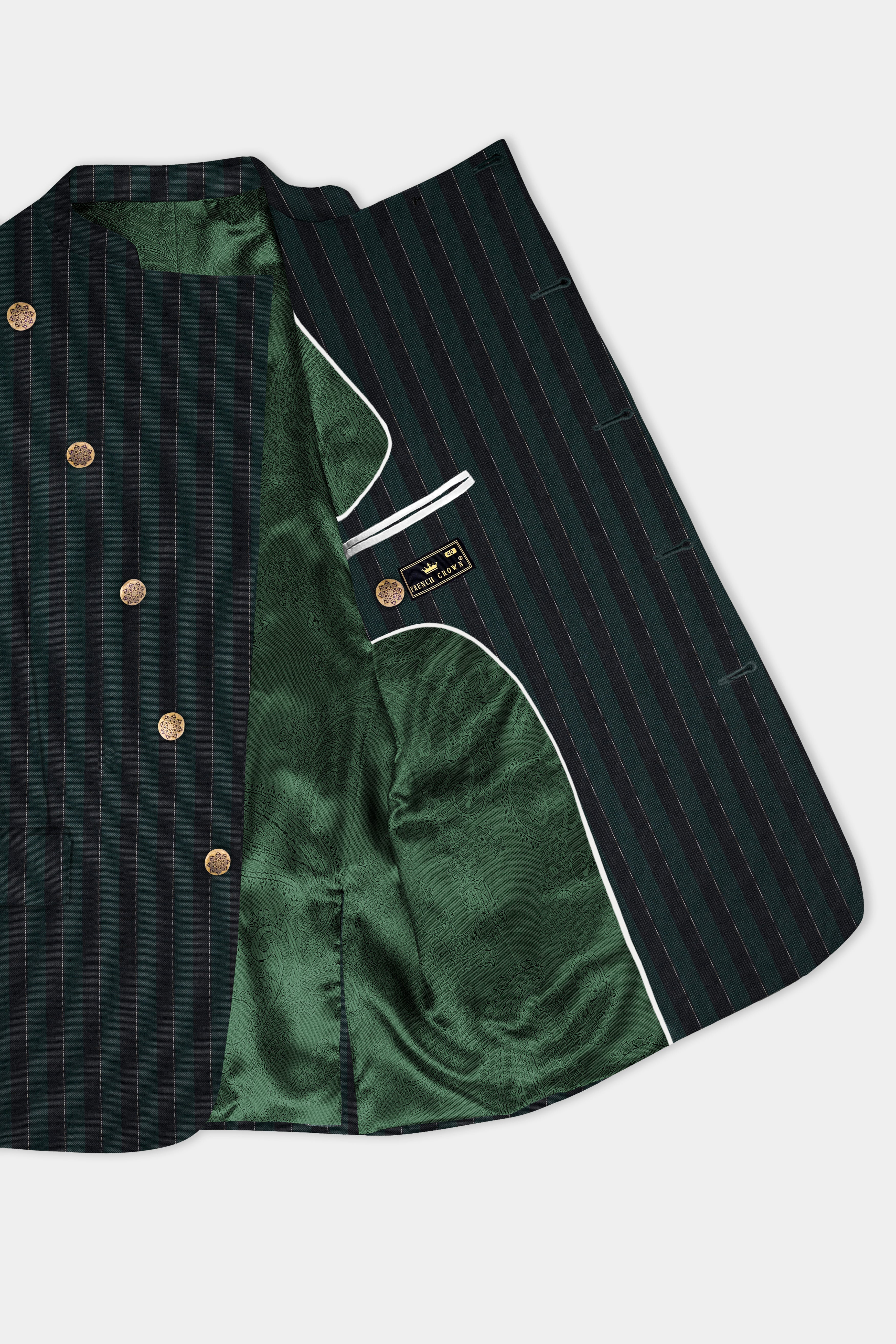 Timber Green With Bunker Black Striped Wool Blend Cross Placket Bandhgala Blazer