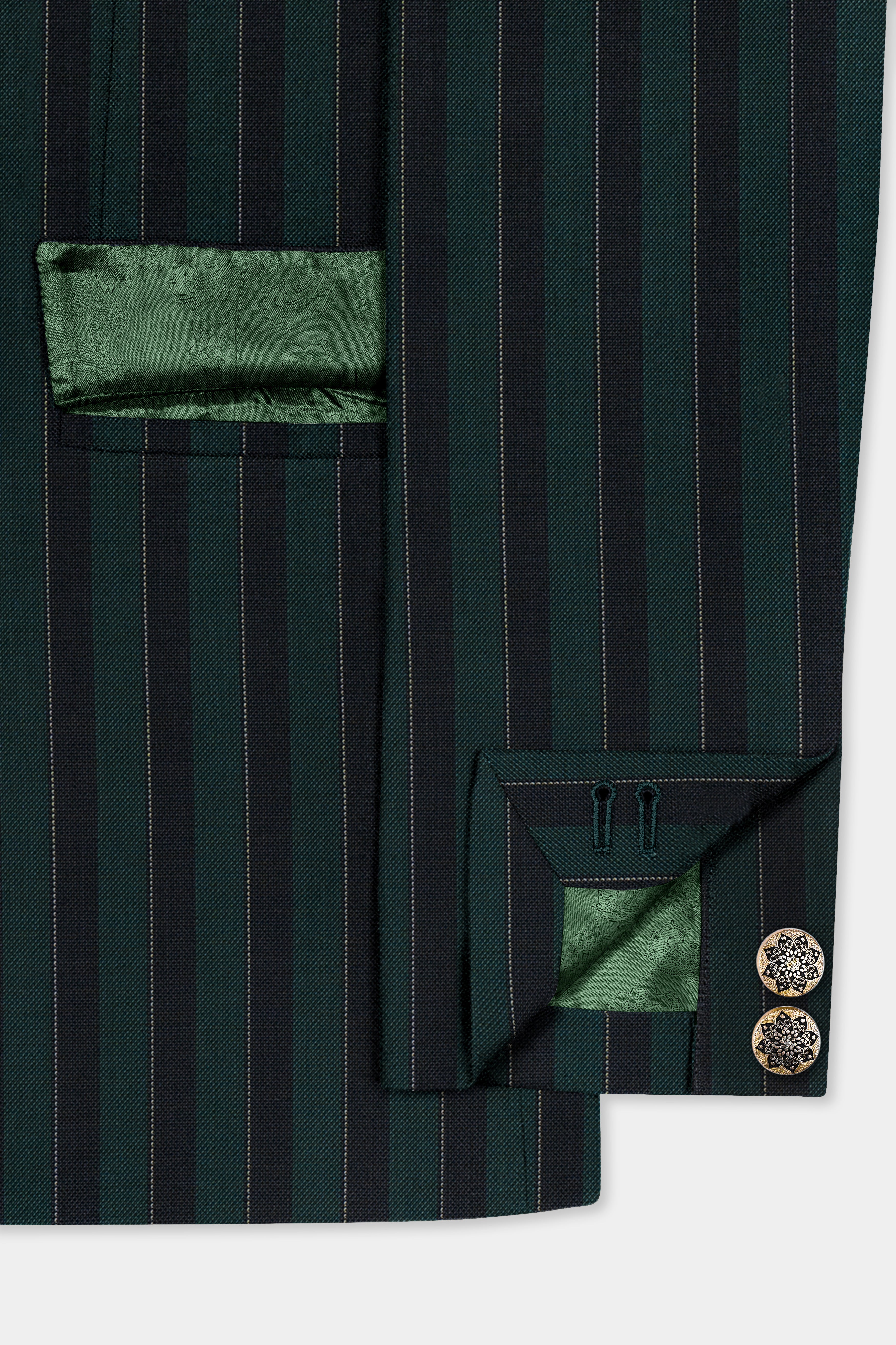 Timber Green With Bunker Black Striped Wool Blend Cross Placket Bandhgala Blazer