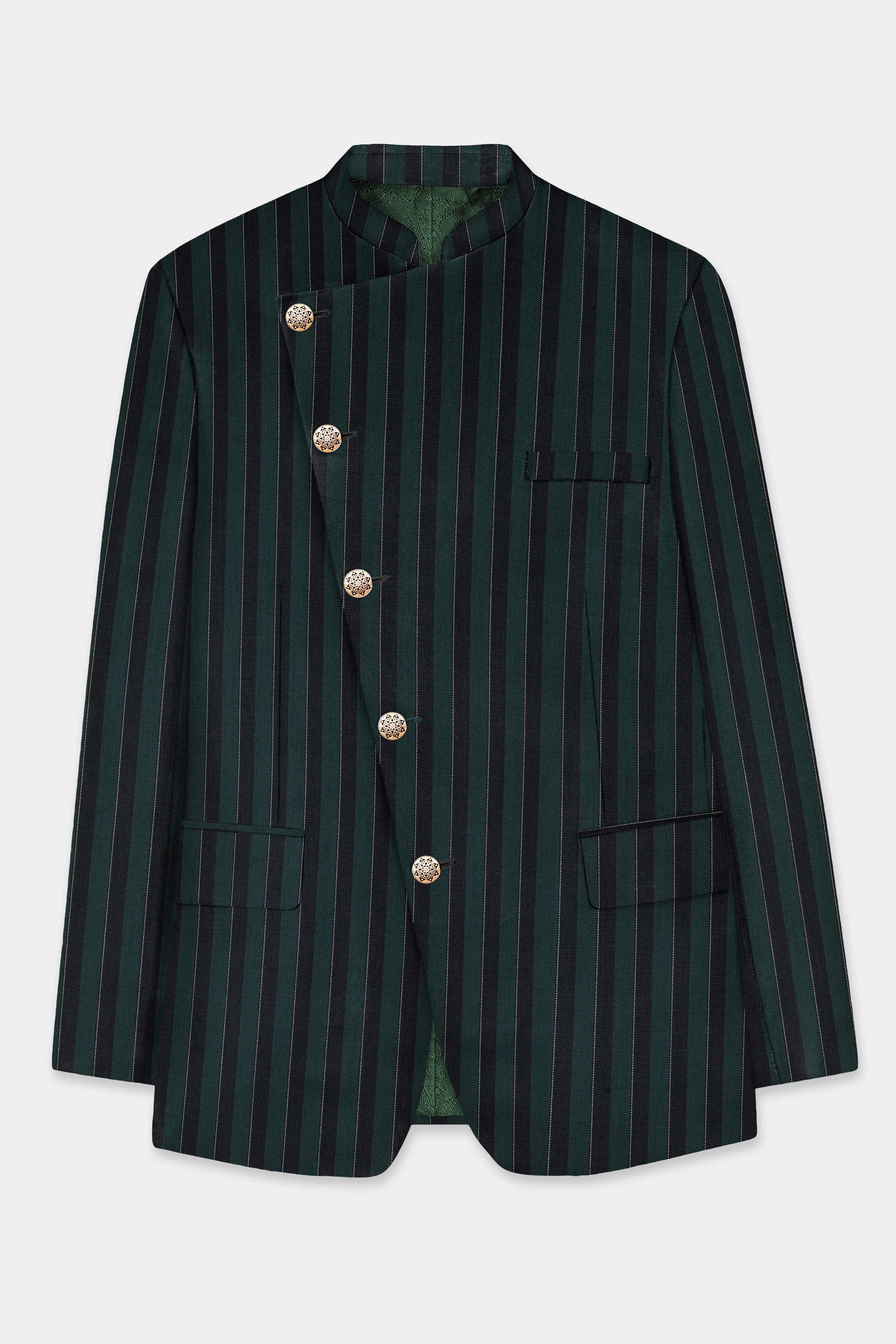 Timber Green With Bunker Black Striped Wool Blend Cross Placket Bandhgala Blazer