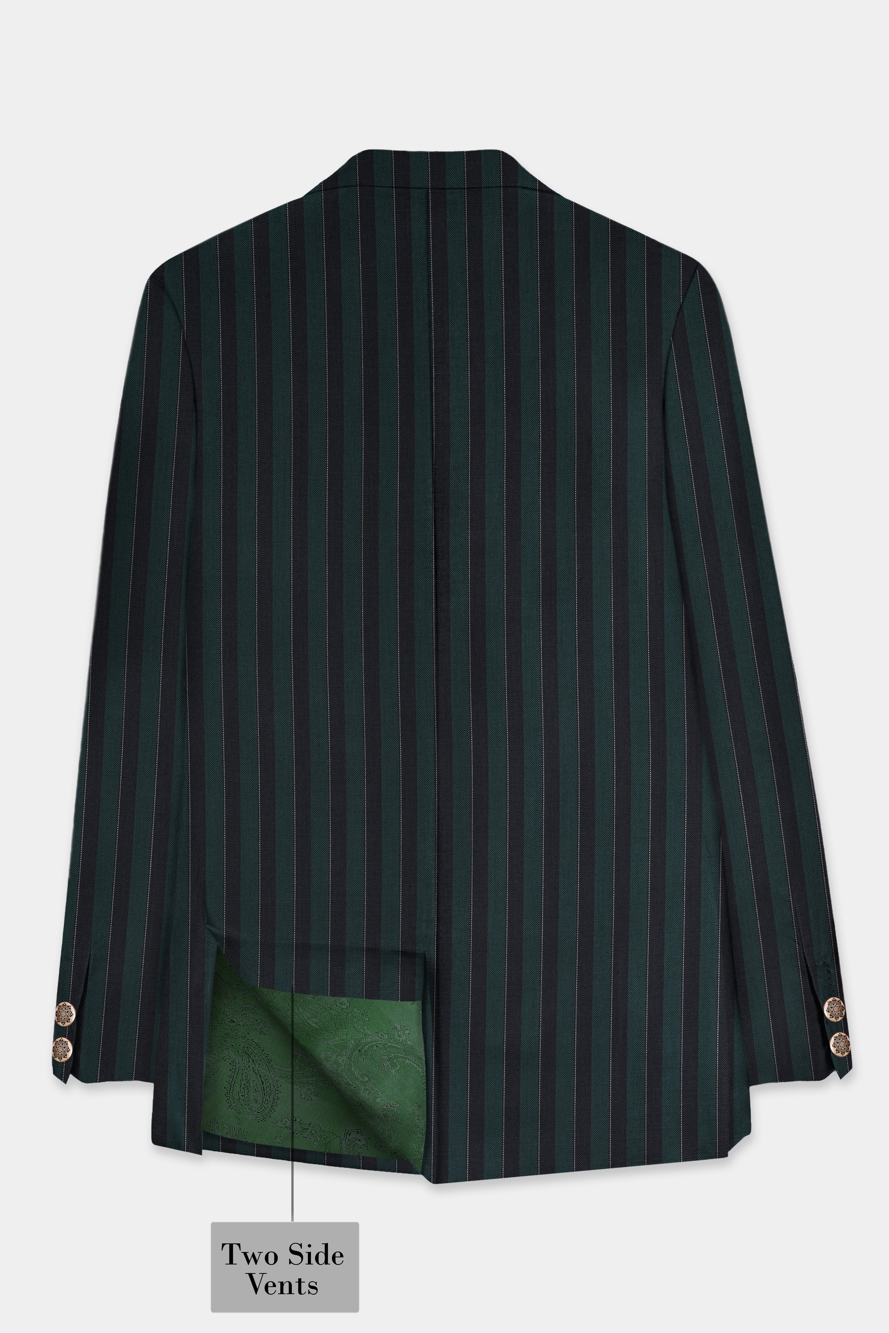 Timber Green With Bunker Black Striped Wool Blend Cross Placket Bandhgala Blazer