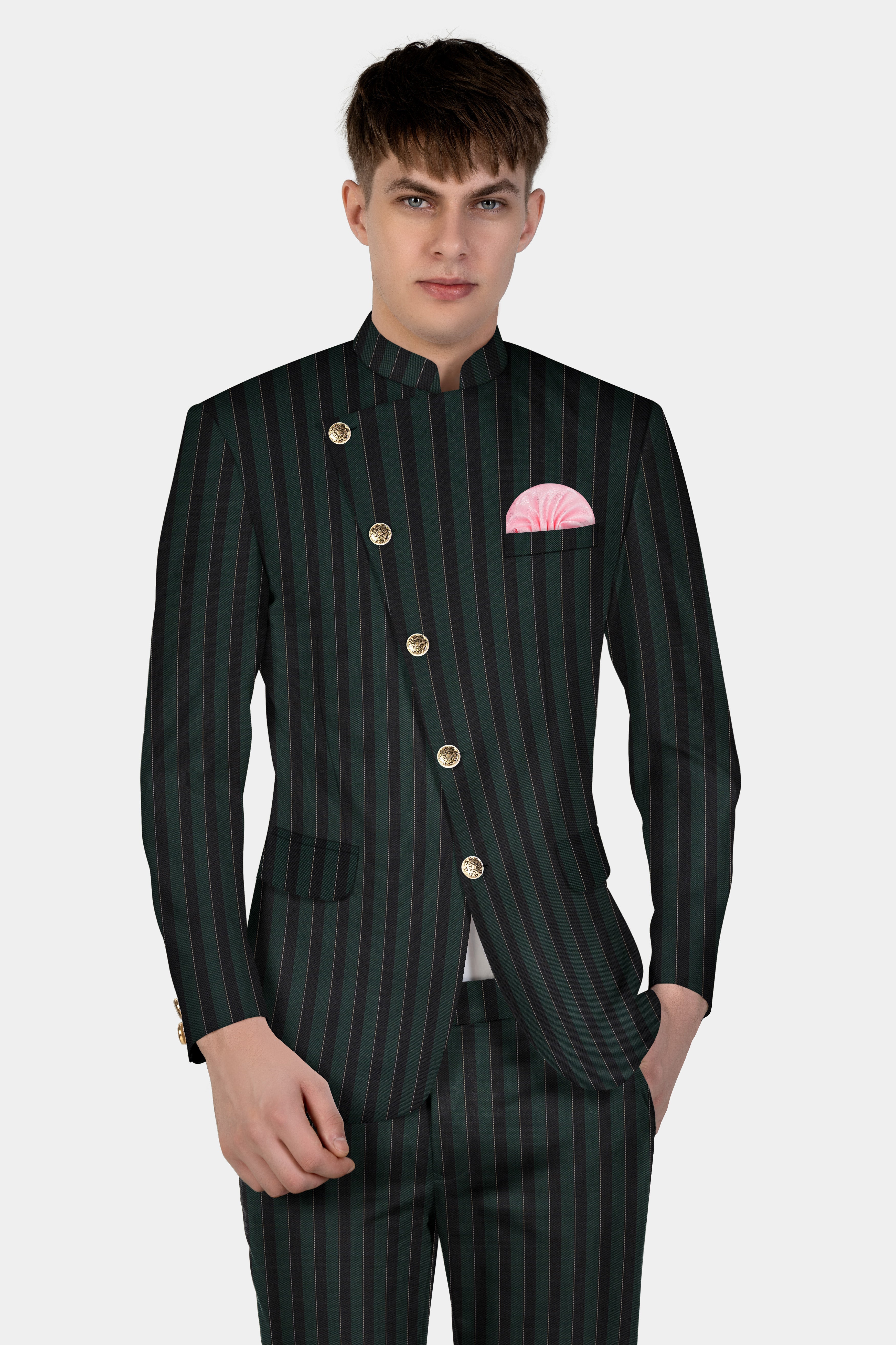 Timber Green With Bunker Black Striped Wool Blend Cross Placket Bandhgala Blazer