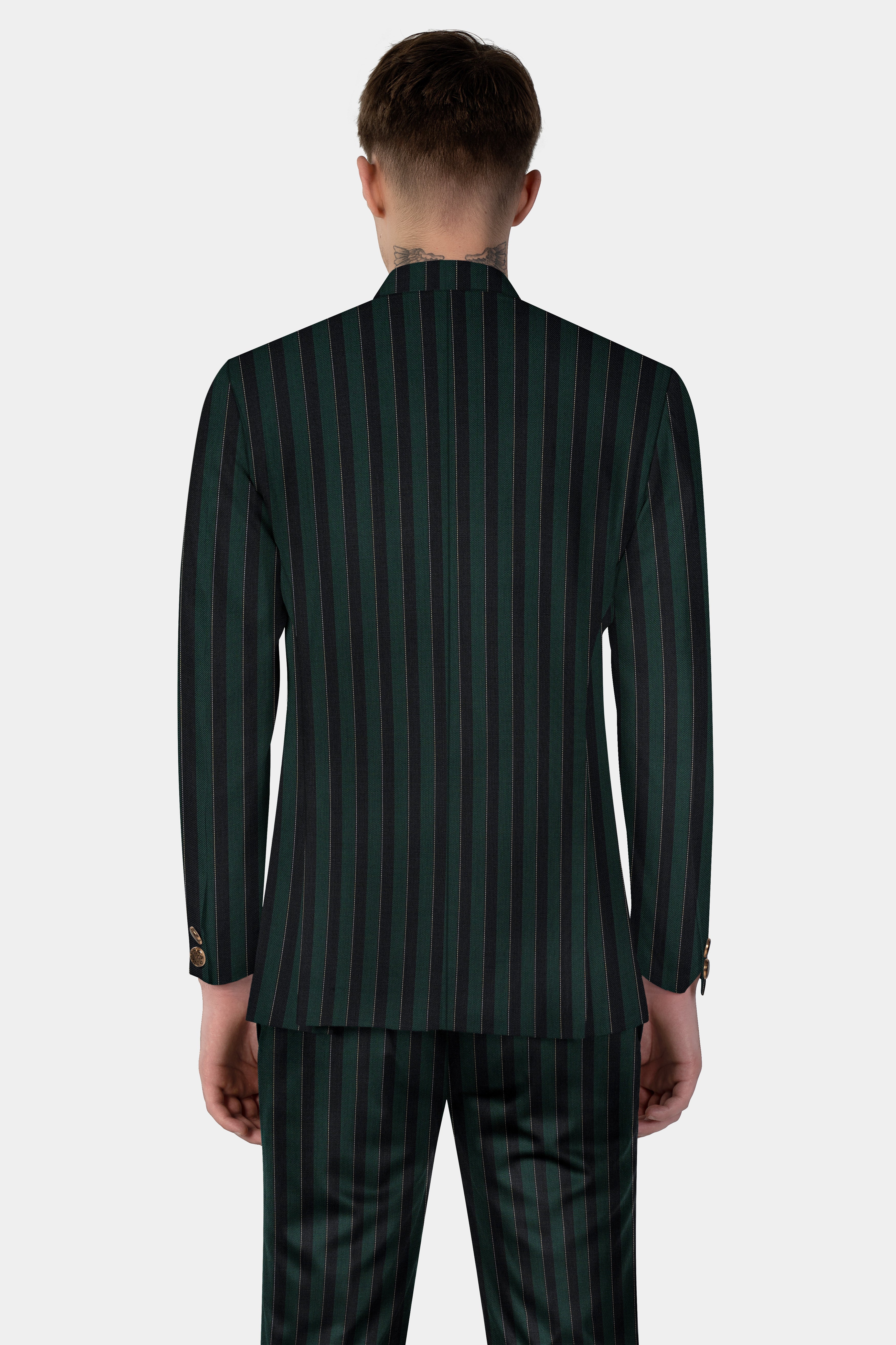 Timber Green With Bunker Black Striped Wool Blend Cross Placket Bandhgala Blazer