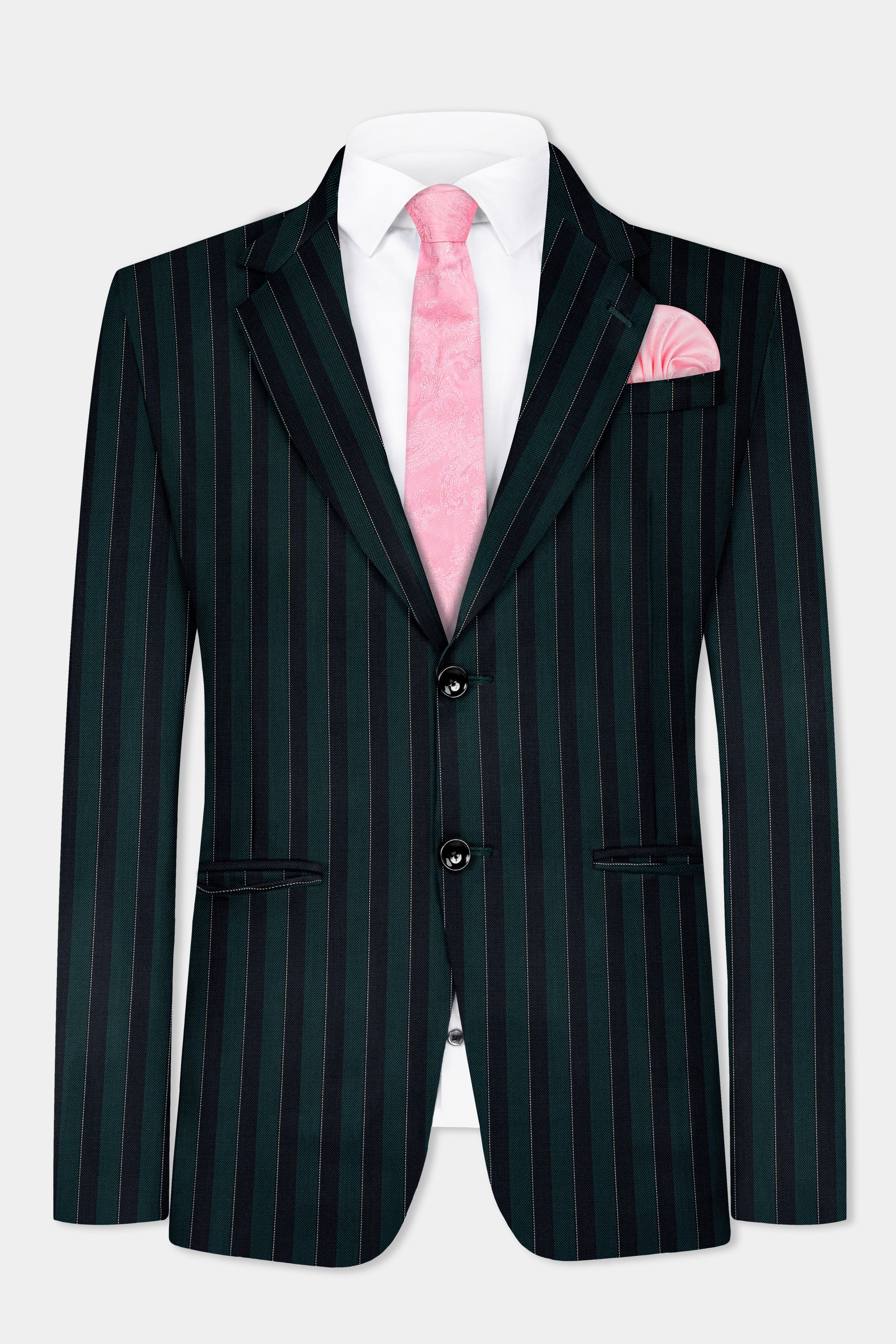 Timber Green With Bunker Black Striped Wool Blend Blazer