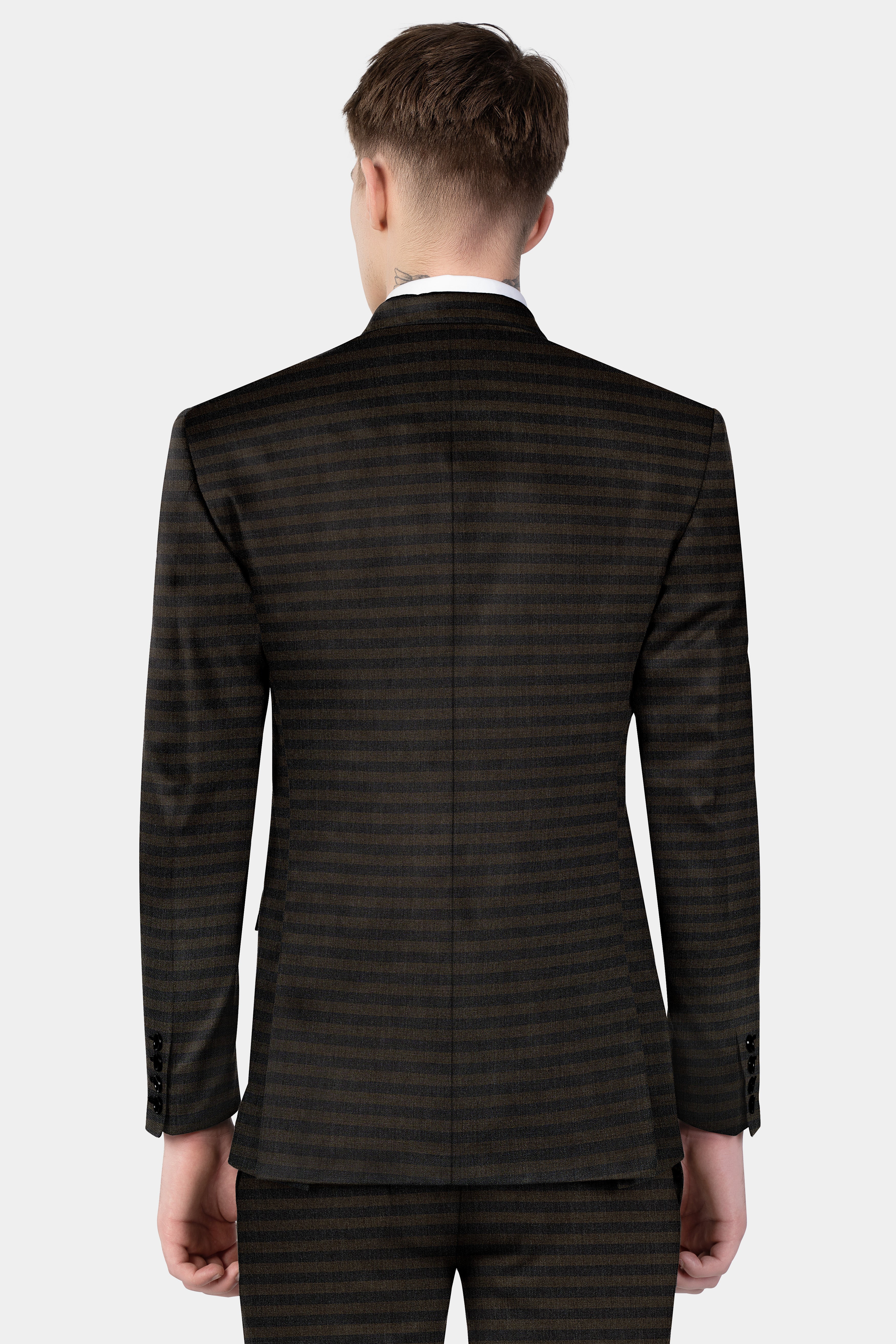 Taupe Brown With Jade Black Striped Wool Blend Blazer