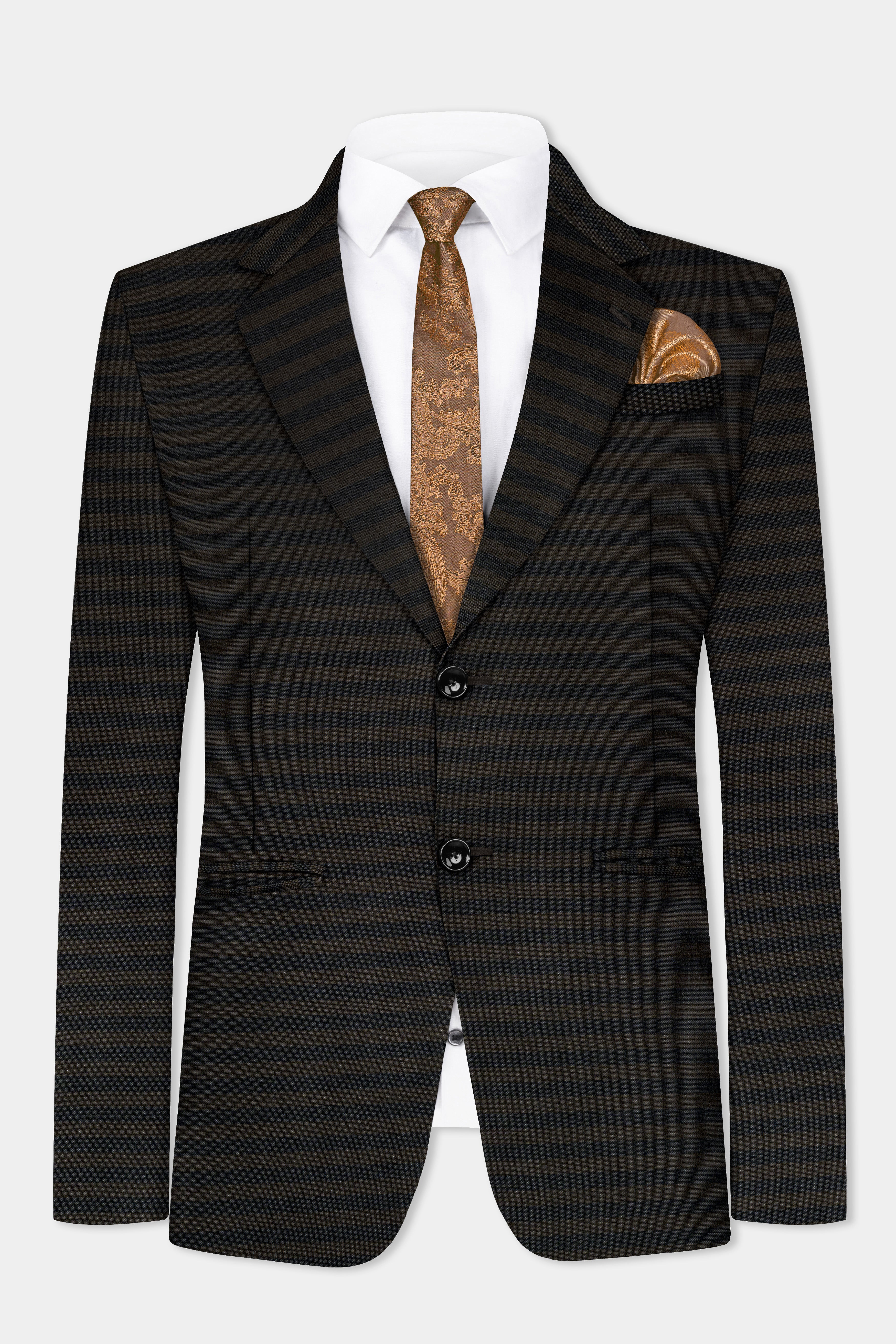 Taupe Brown With Jade Black Striped Wool Blend Blazer