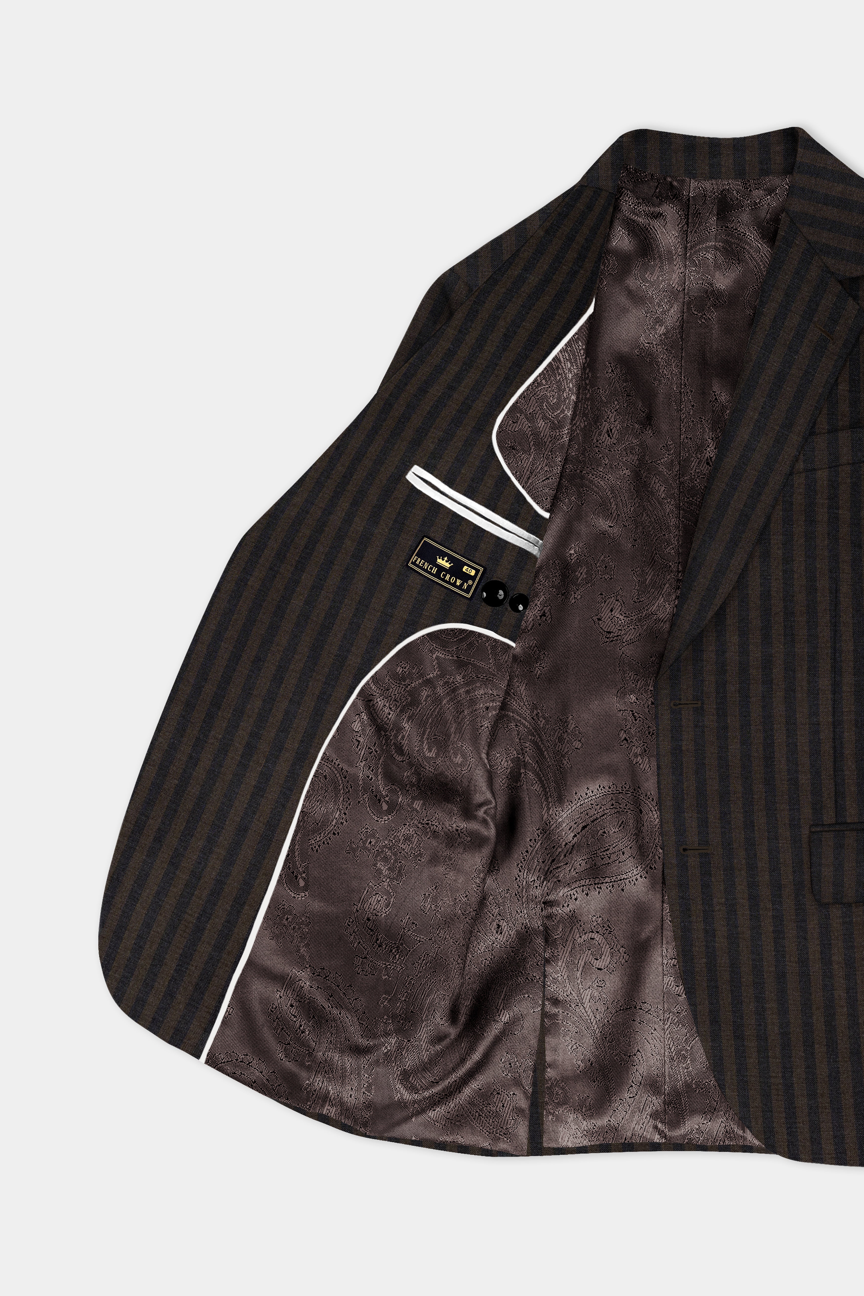 Taupe Brown With Jade Black Striped Wool Blend Blazer