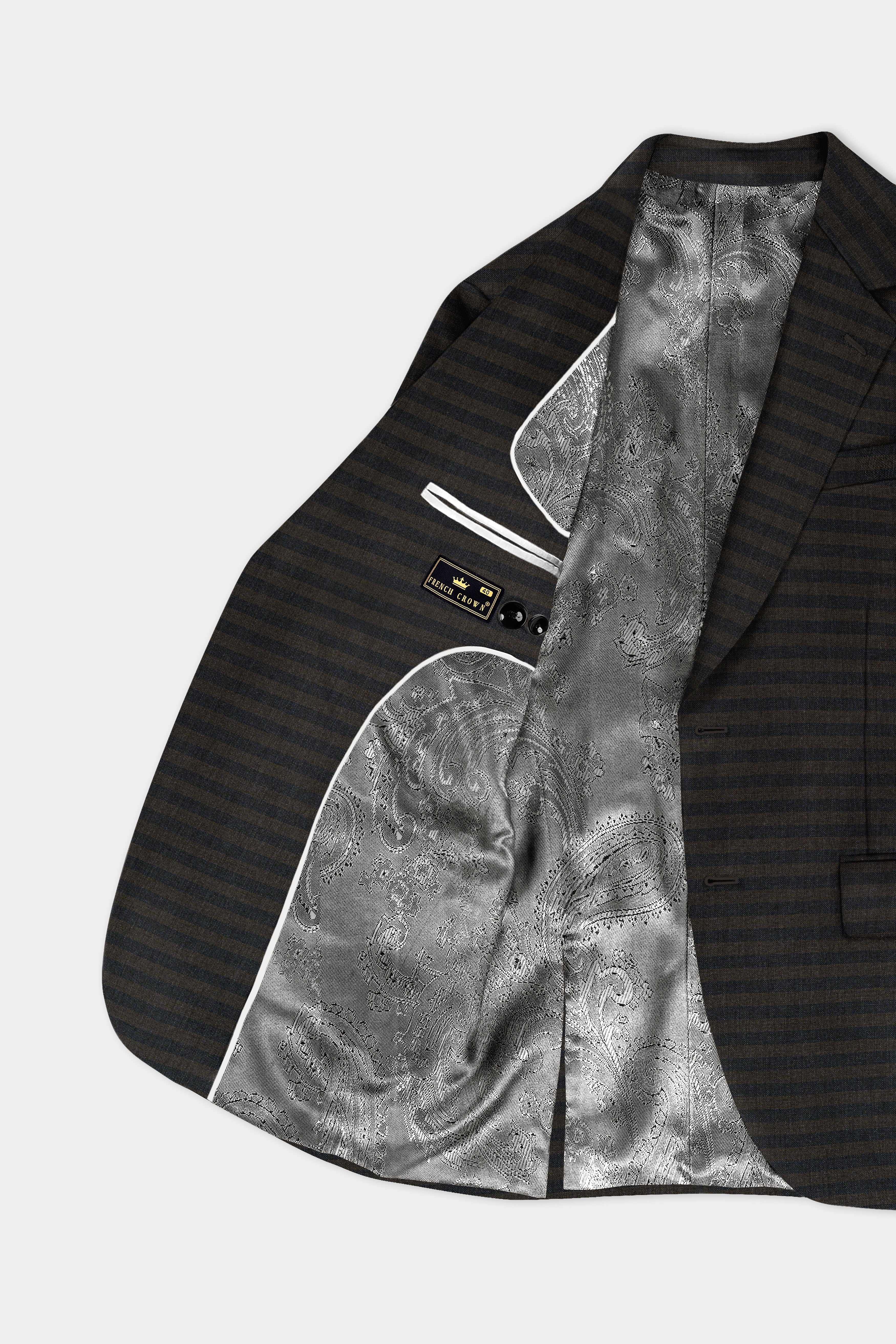 Taupe Brown With Jade Black Striped Wool Blend Blazer