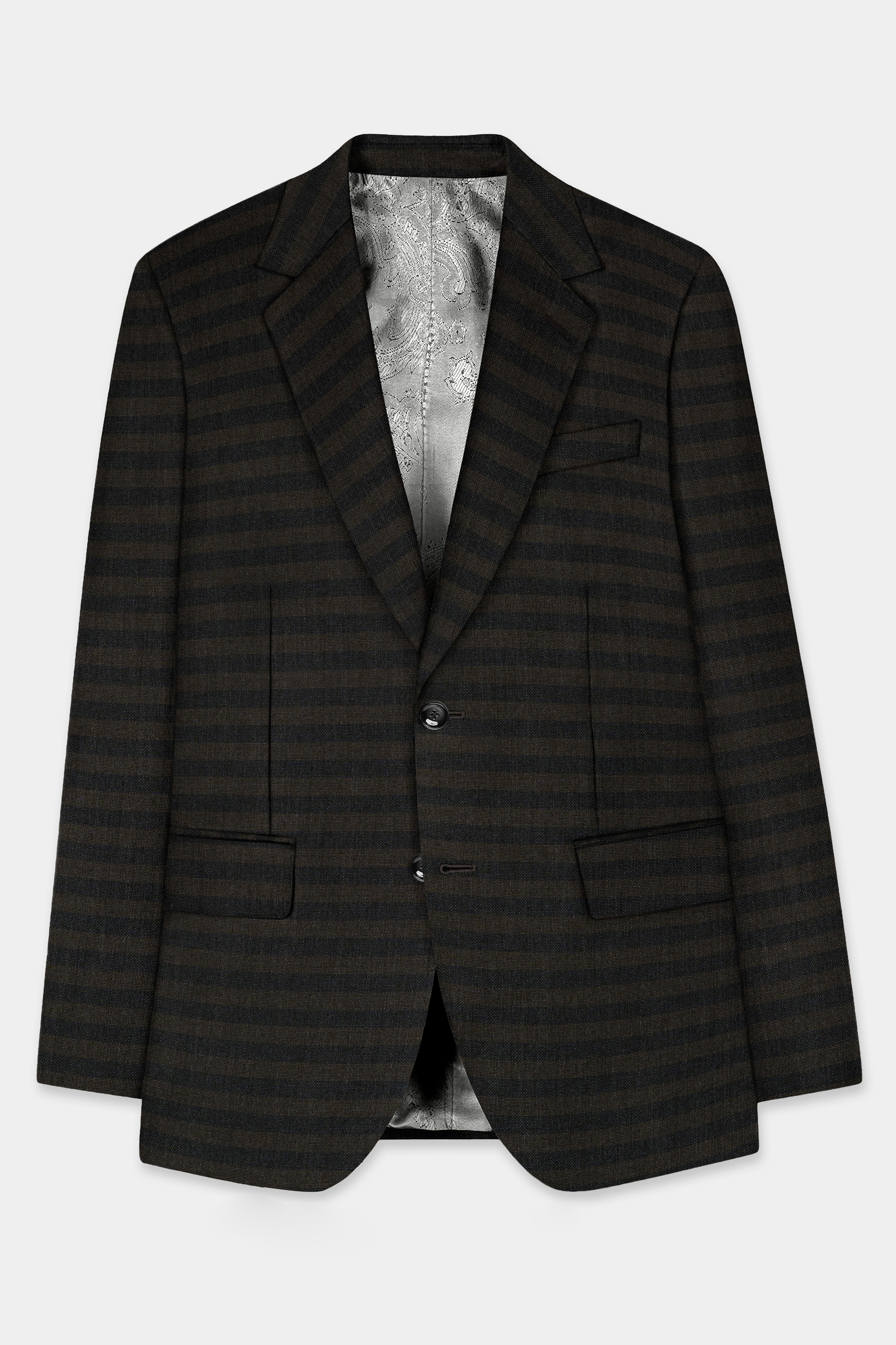 Taupe Brown With Jade Black Striped Wool Blend Blazer