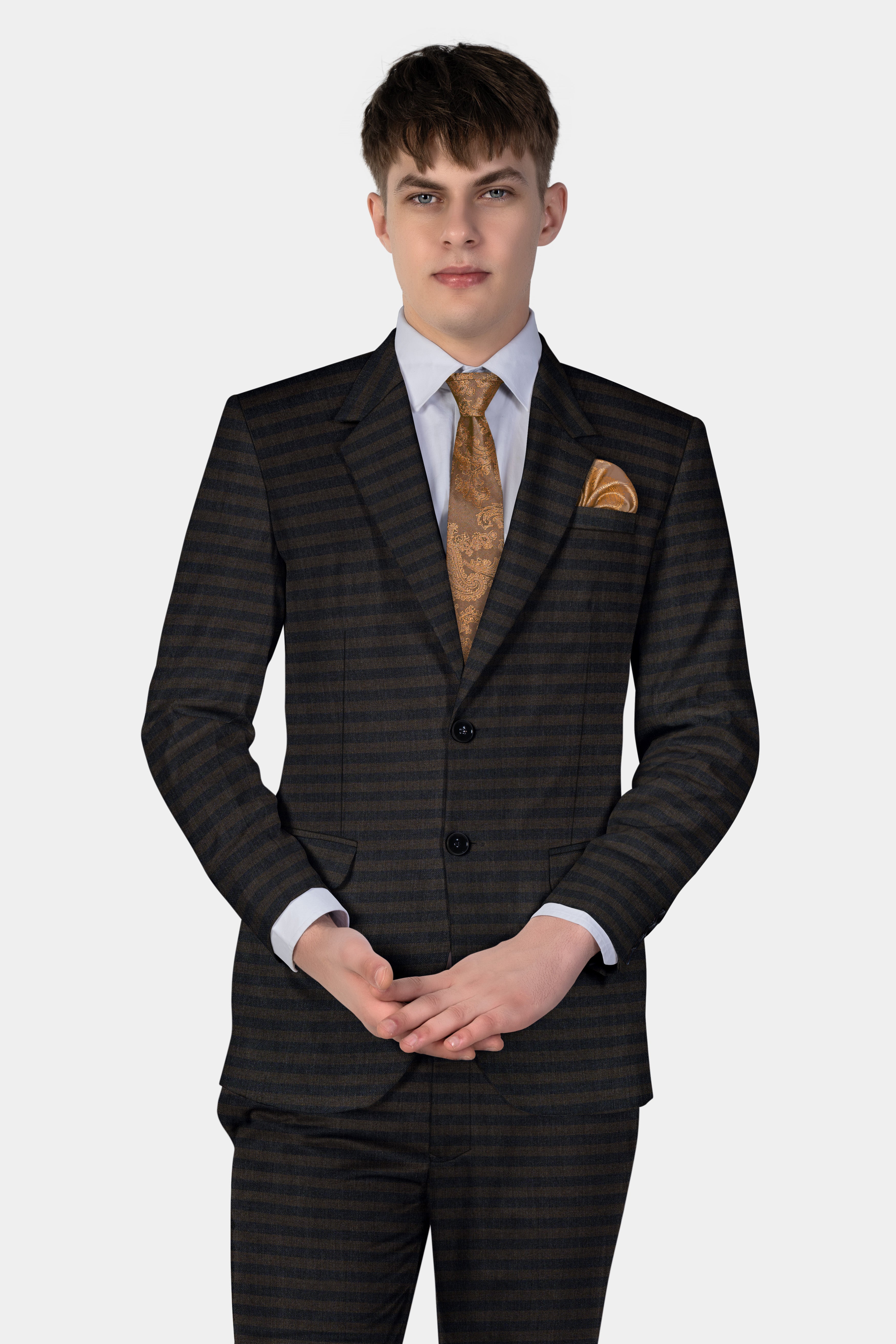 Taupe Brown With Jade Black Striped Wool Blend Blazer