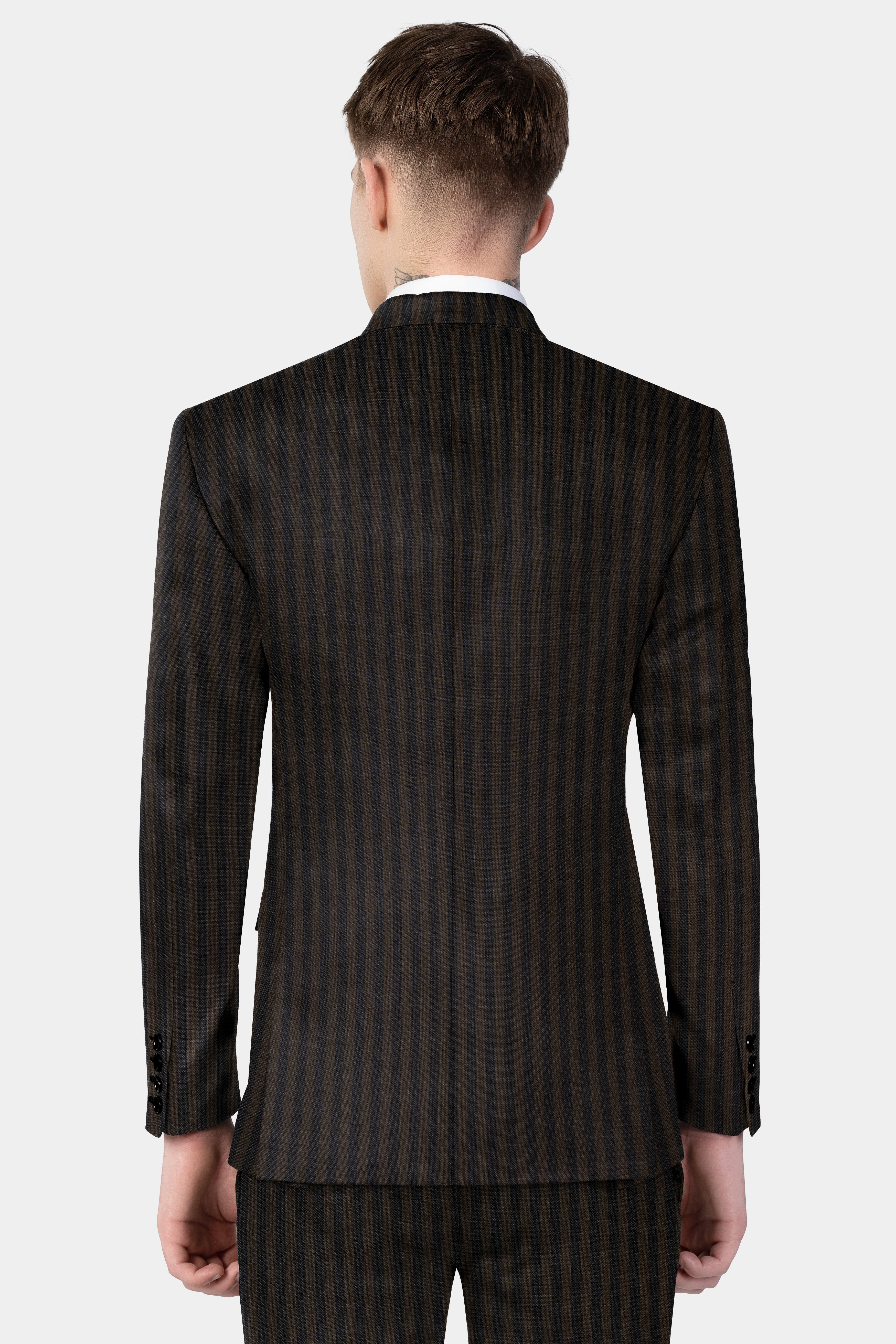 Taupe Brown With Jade Black Striped Wool Blend Double Breasted Blazer