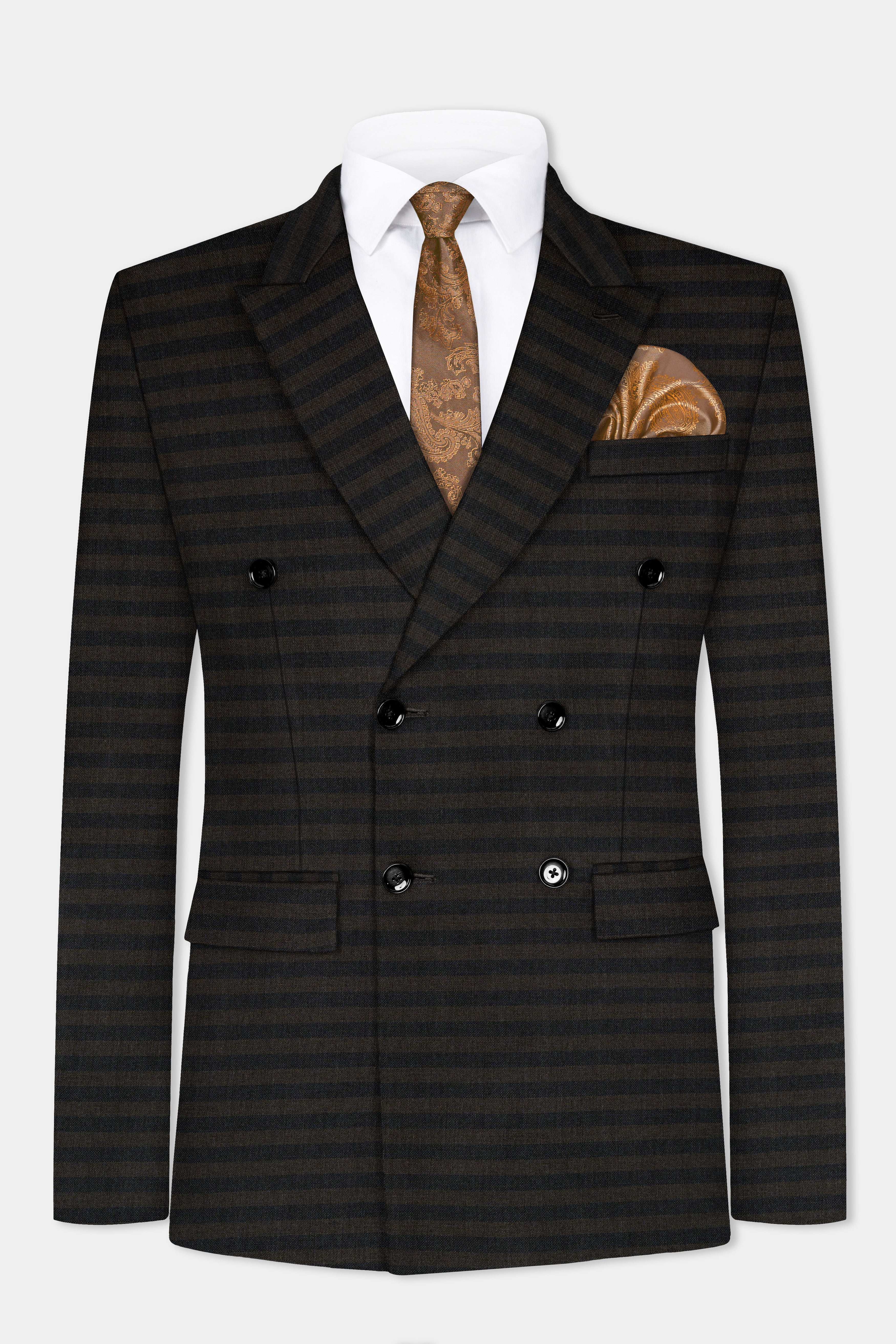 Taupe Brown With Jade Black Striped Wool Blend Double Breasted Blazer