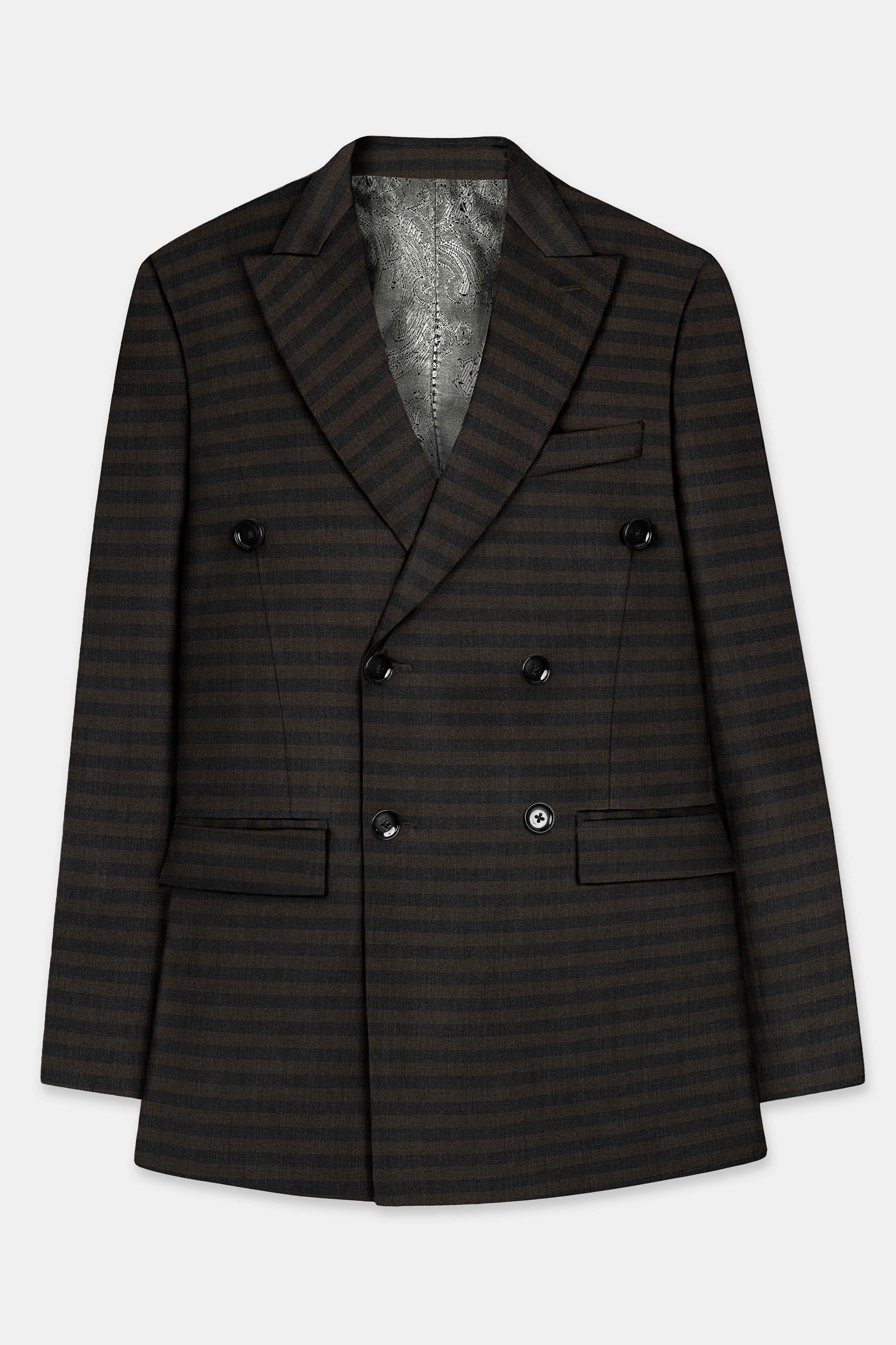 Taupe Brown With Jade Black Striped Wool Blend Double Breasted Blazer