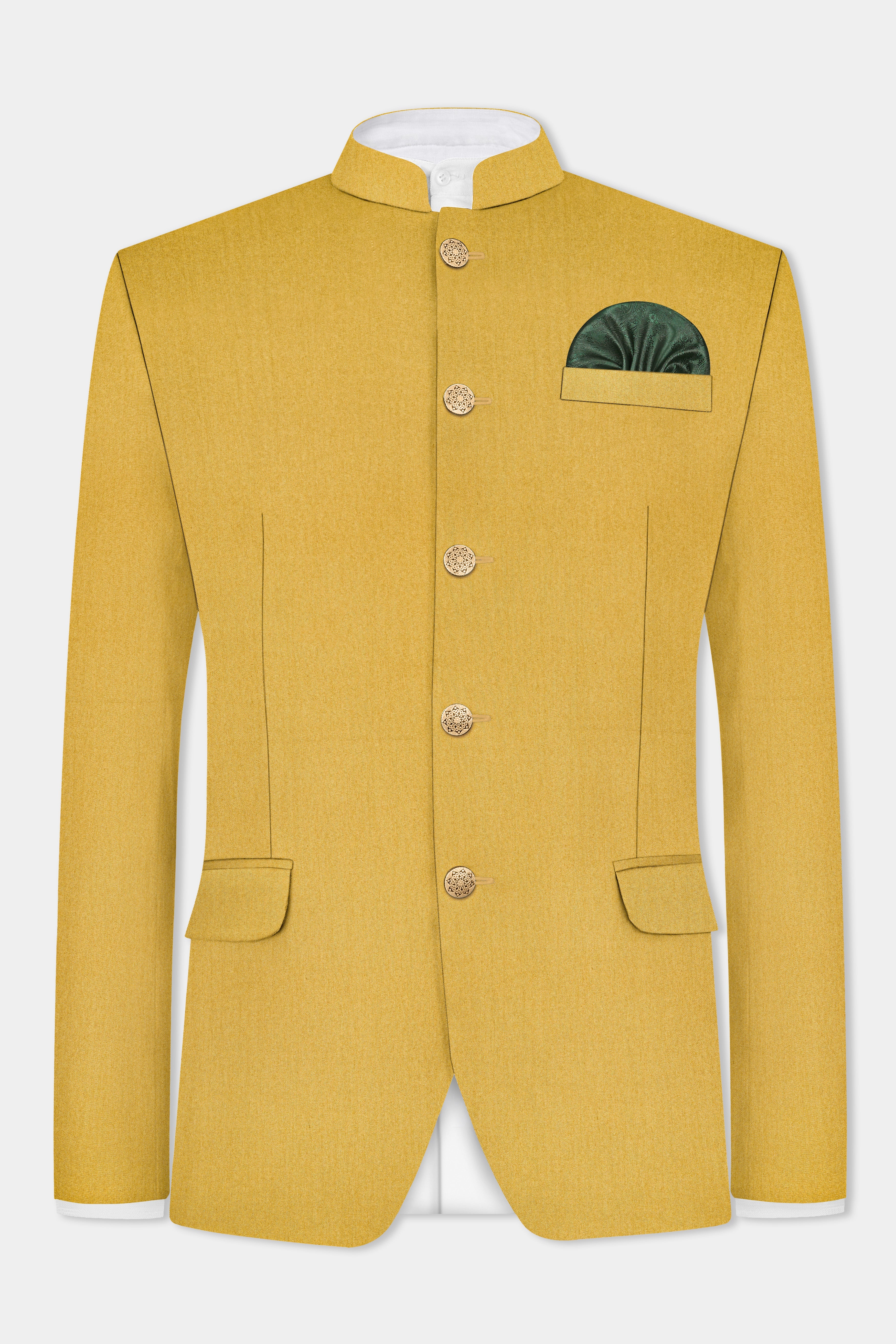 Camel Yellow Solid Cotton Bandhgala Blazer