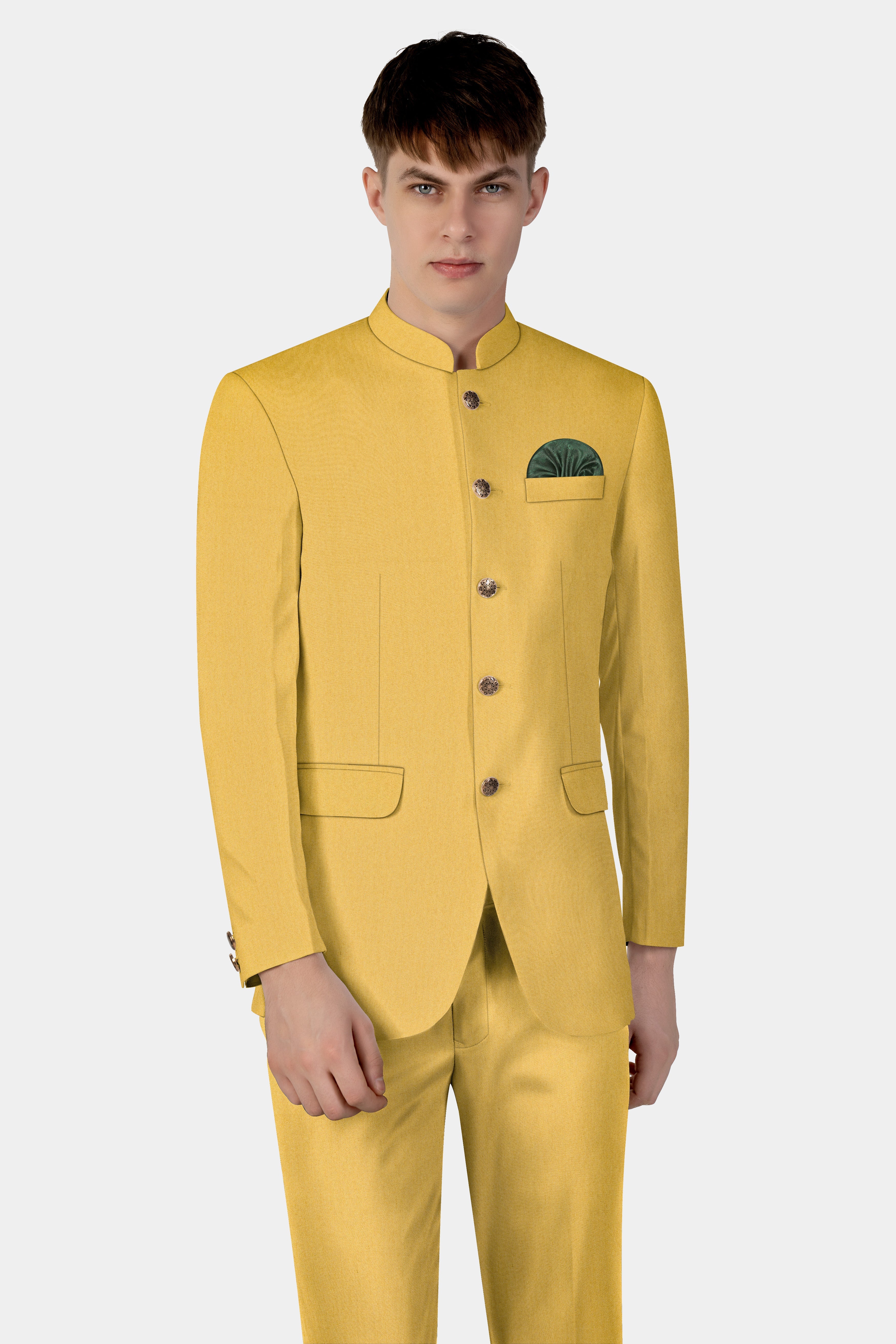 Camel Yellow Solid Cotton Bandhgala Blazer