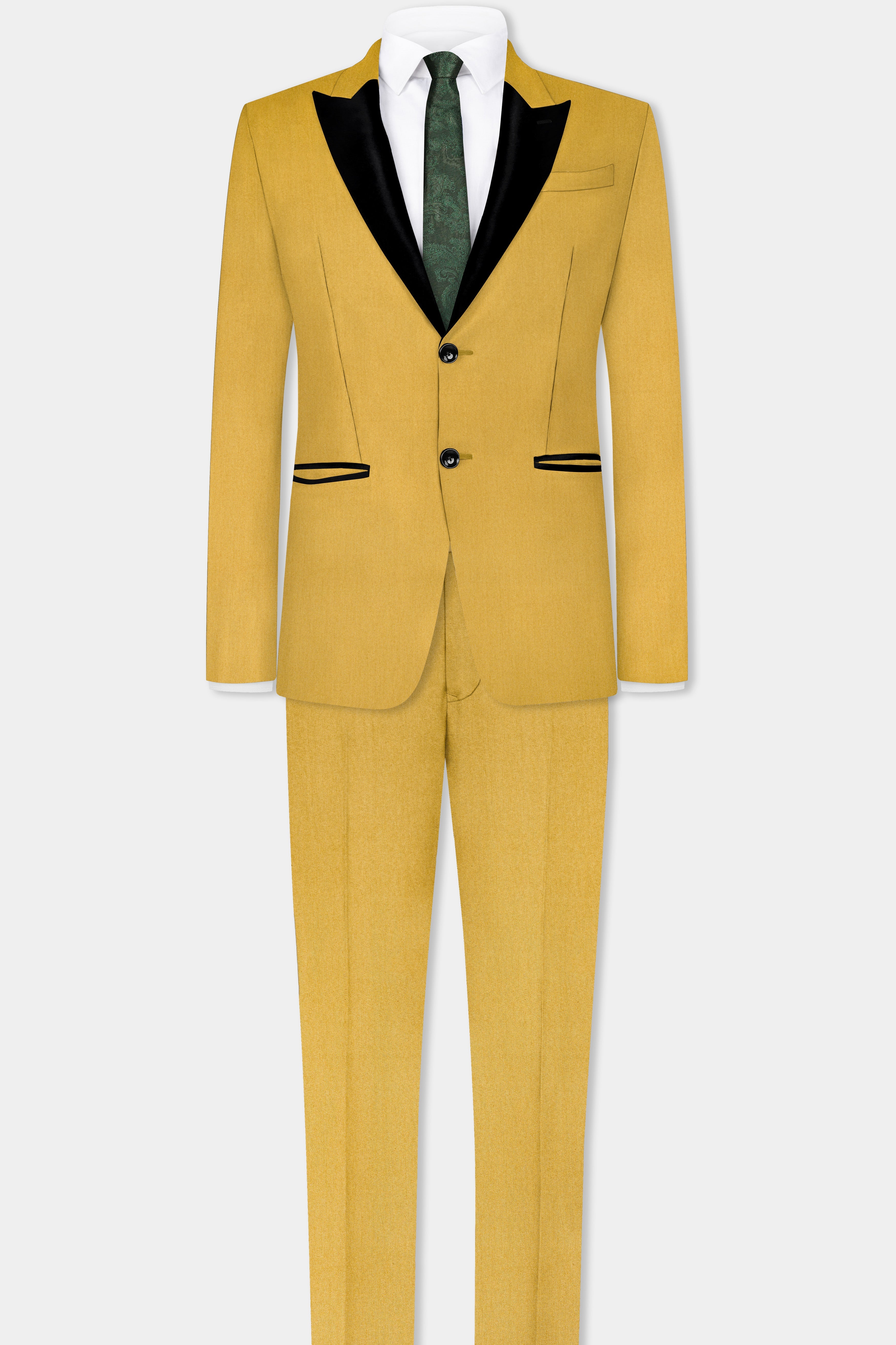 Camel Yellow Solid Cotton Peak Collar Tuxedo Blazer