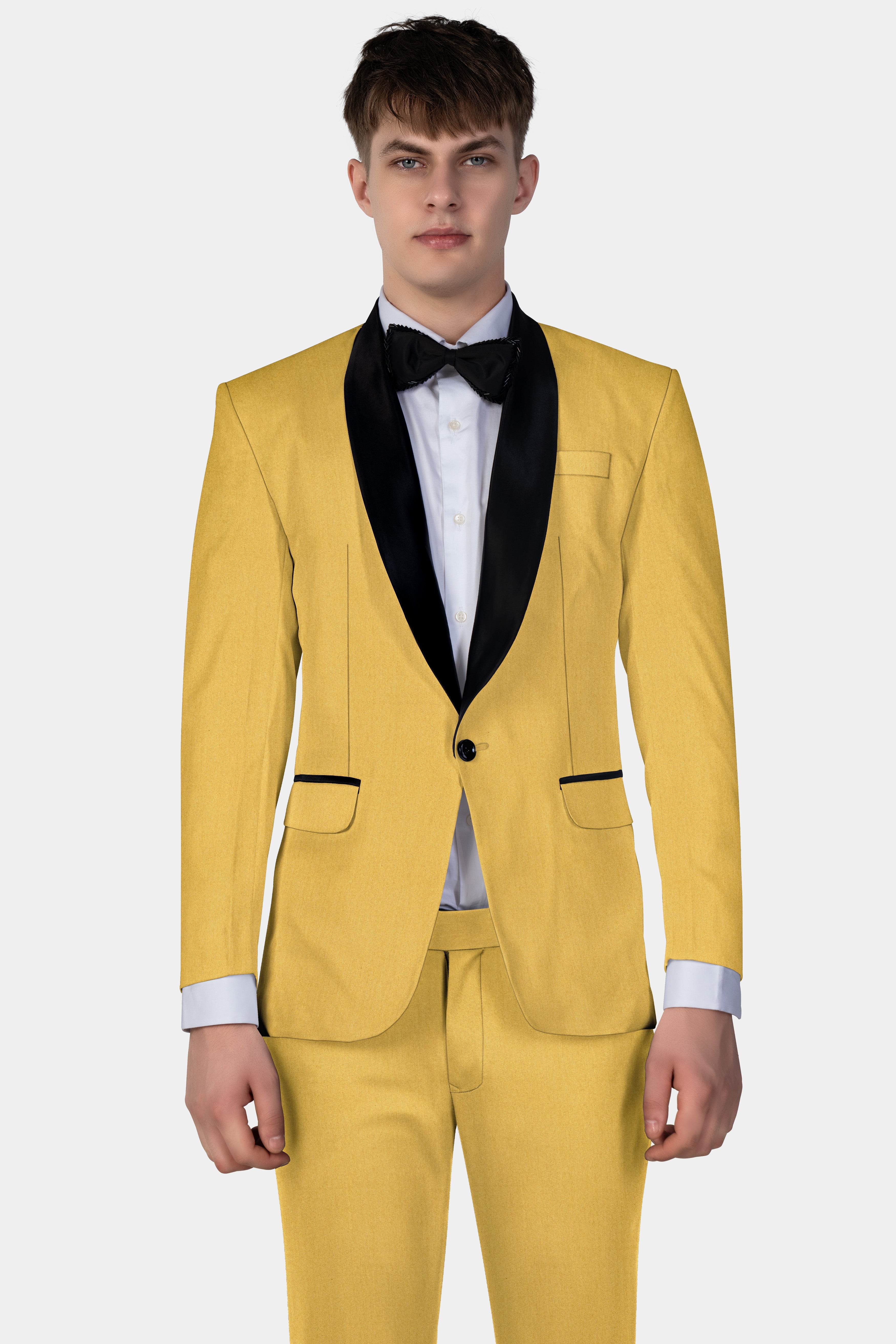 Camel Yellow Solid Cotton Tuxedo Blazer