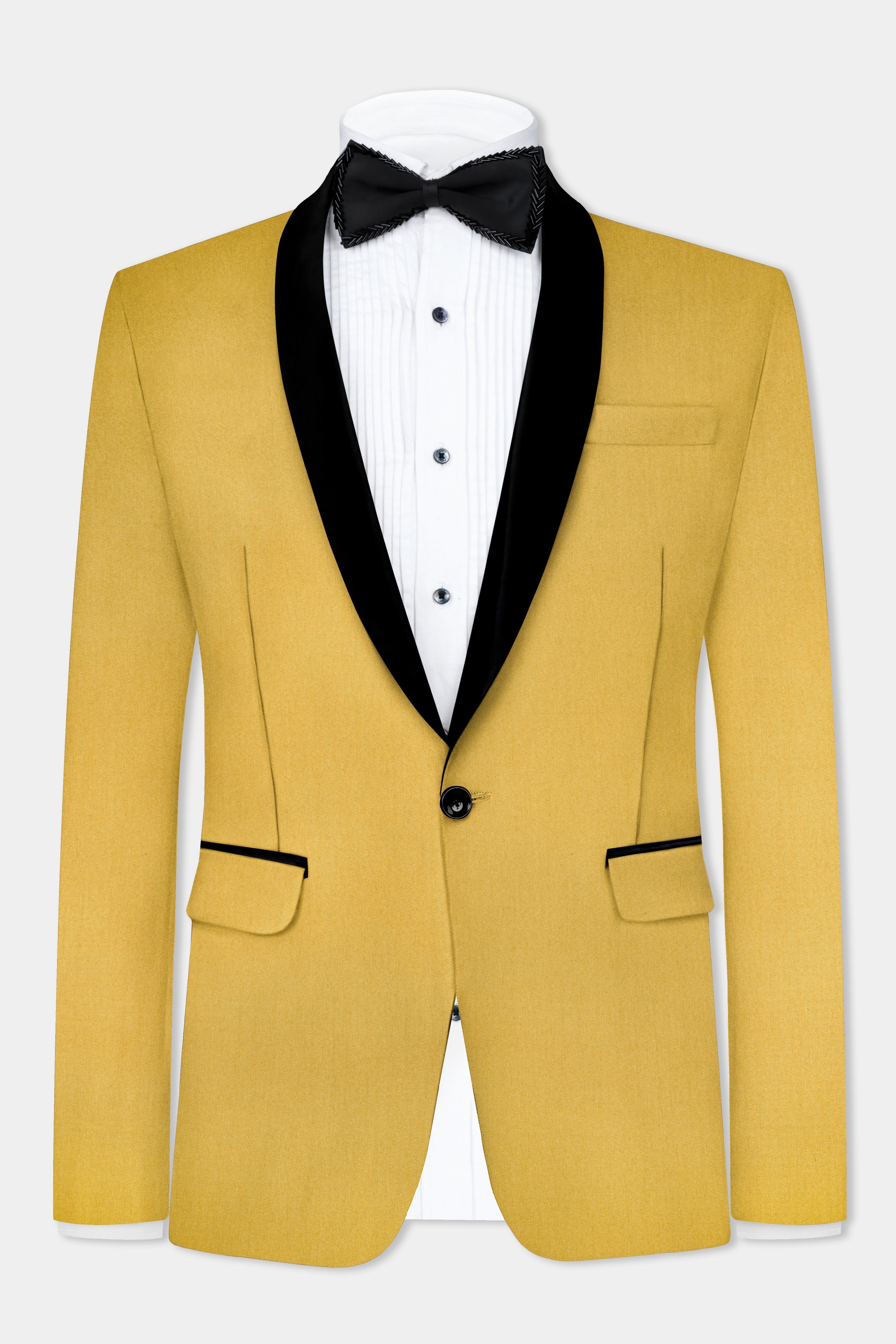 Camel Yellow Solid Cotton Tuxedo Blazer