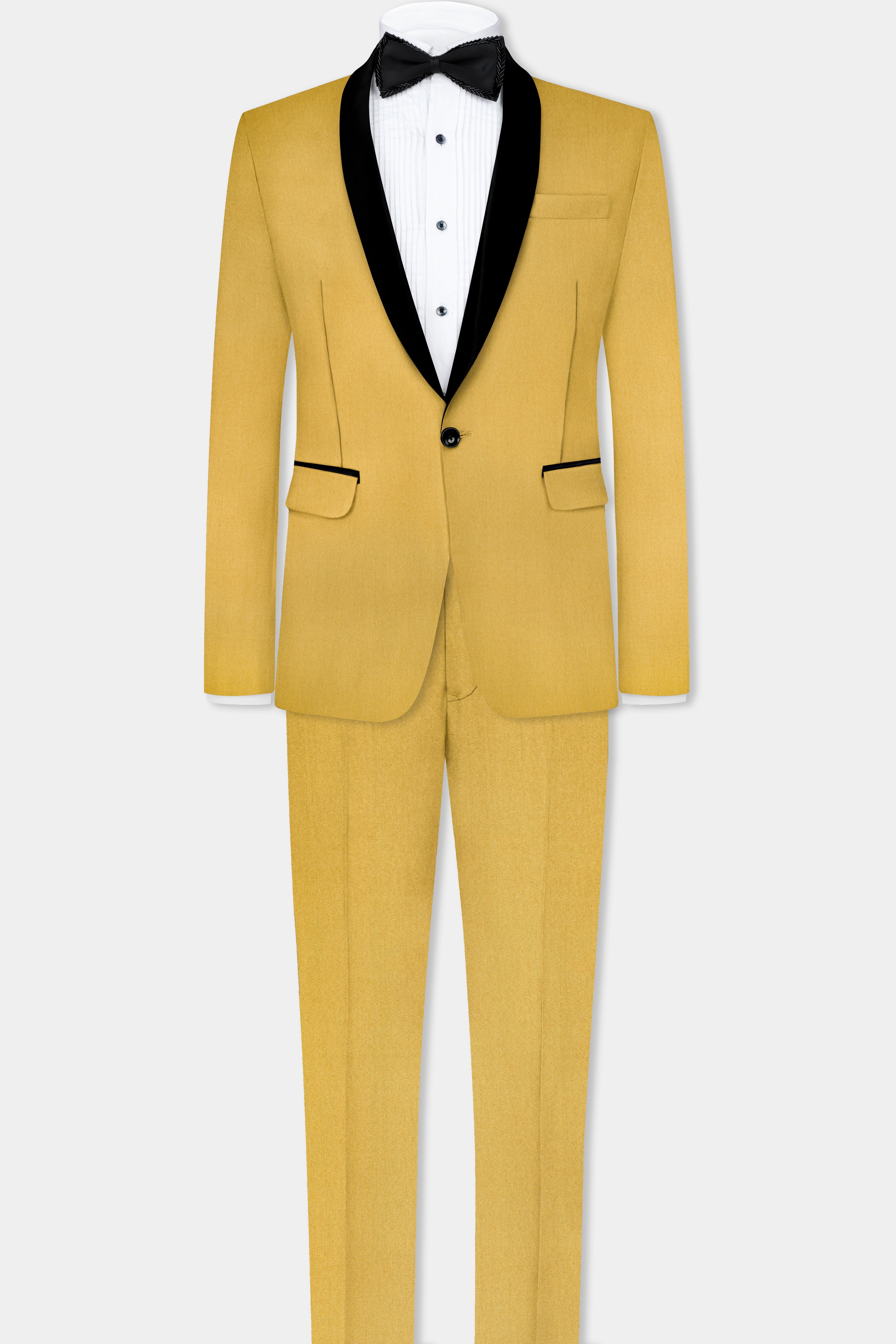 Camel Yellow Solid Cotton Tuxedo Blazer