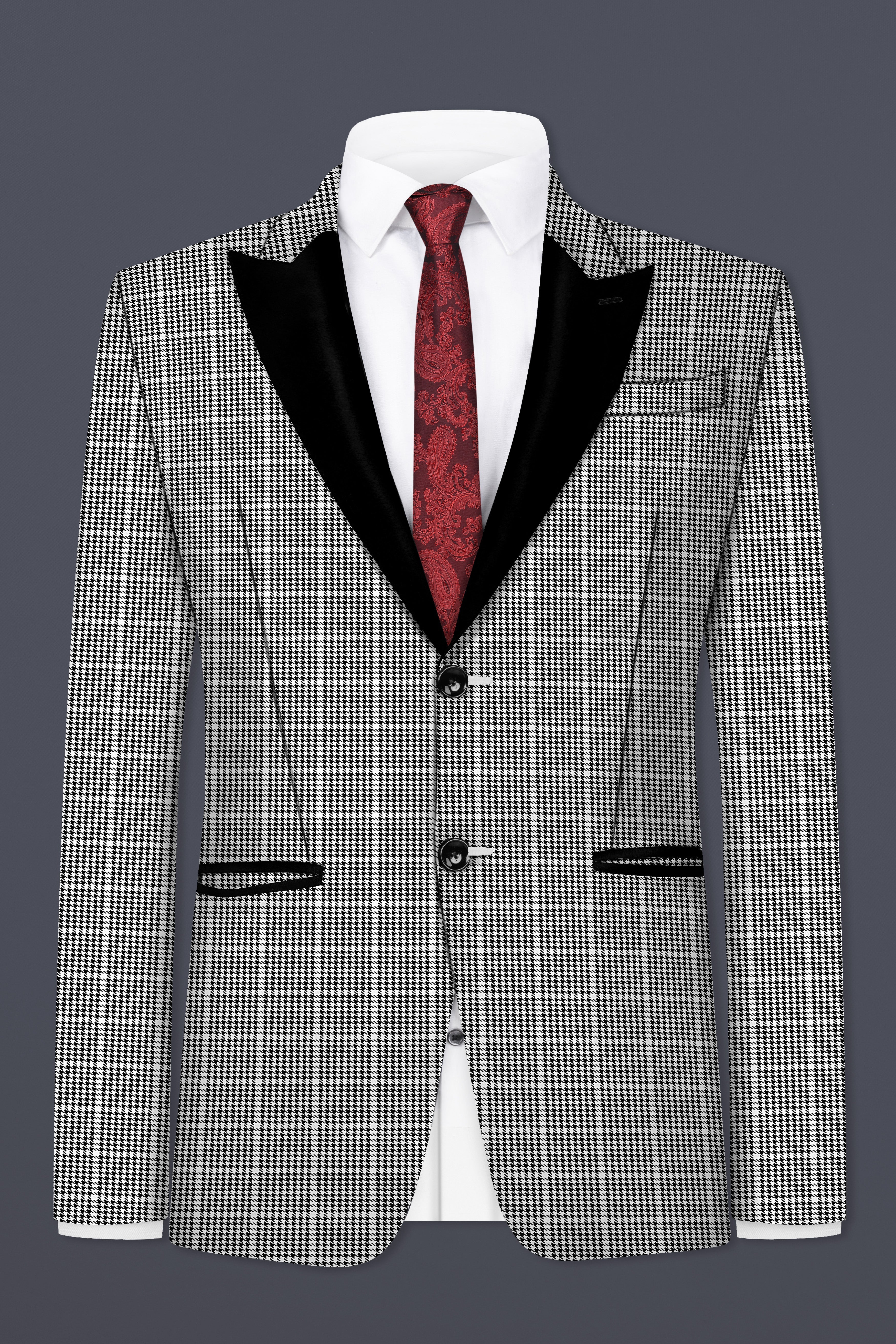 Black and White Houndstooth Windowpane Wool Rich Peak Collar Tuxedo Blazer