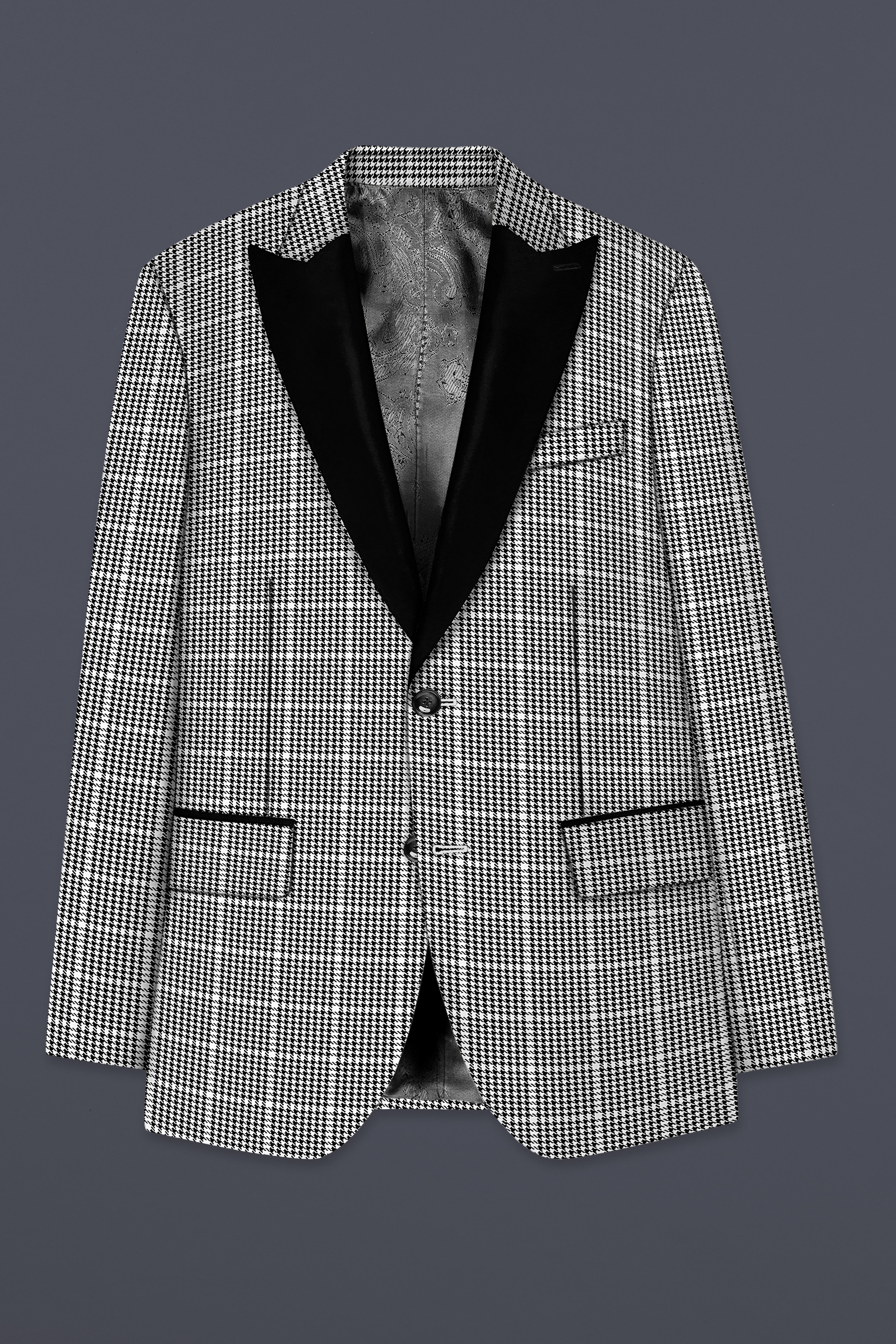 Black and White Houndstooth Windowpane Wool Rich Peak Collar Tuxedo Blazer