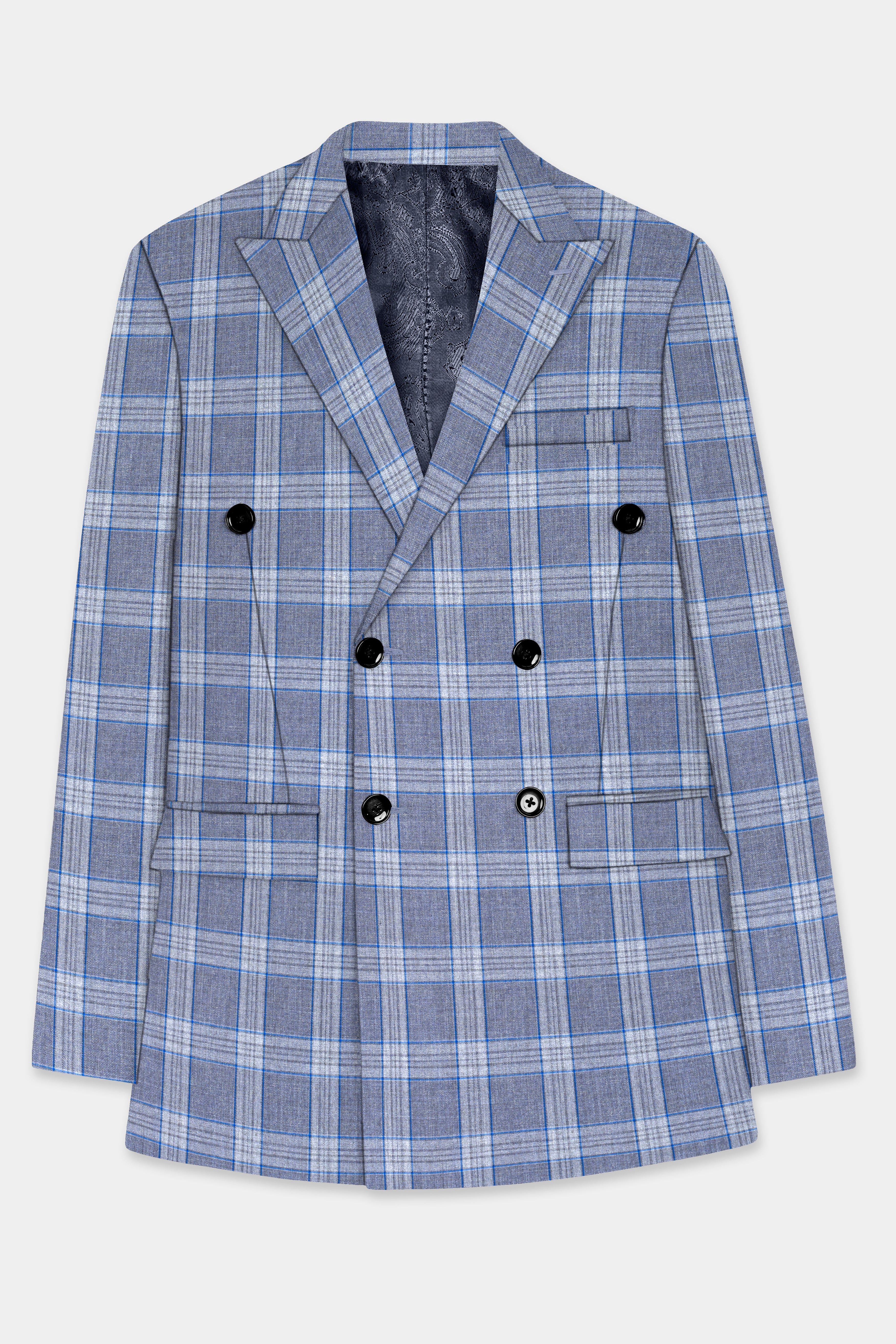 Amethyst Smoke Blue Checked Wool Blend Double Breasted Blazer