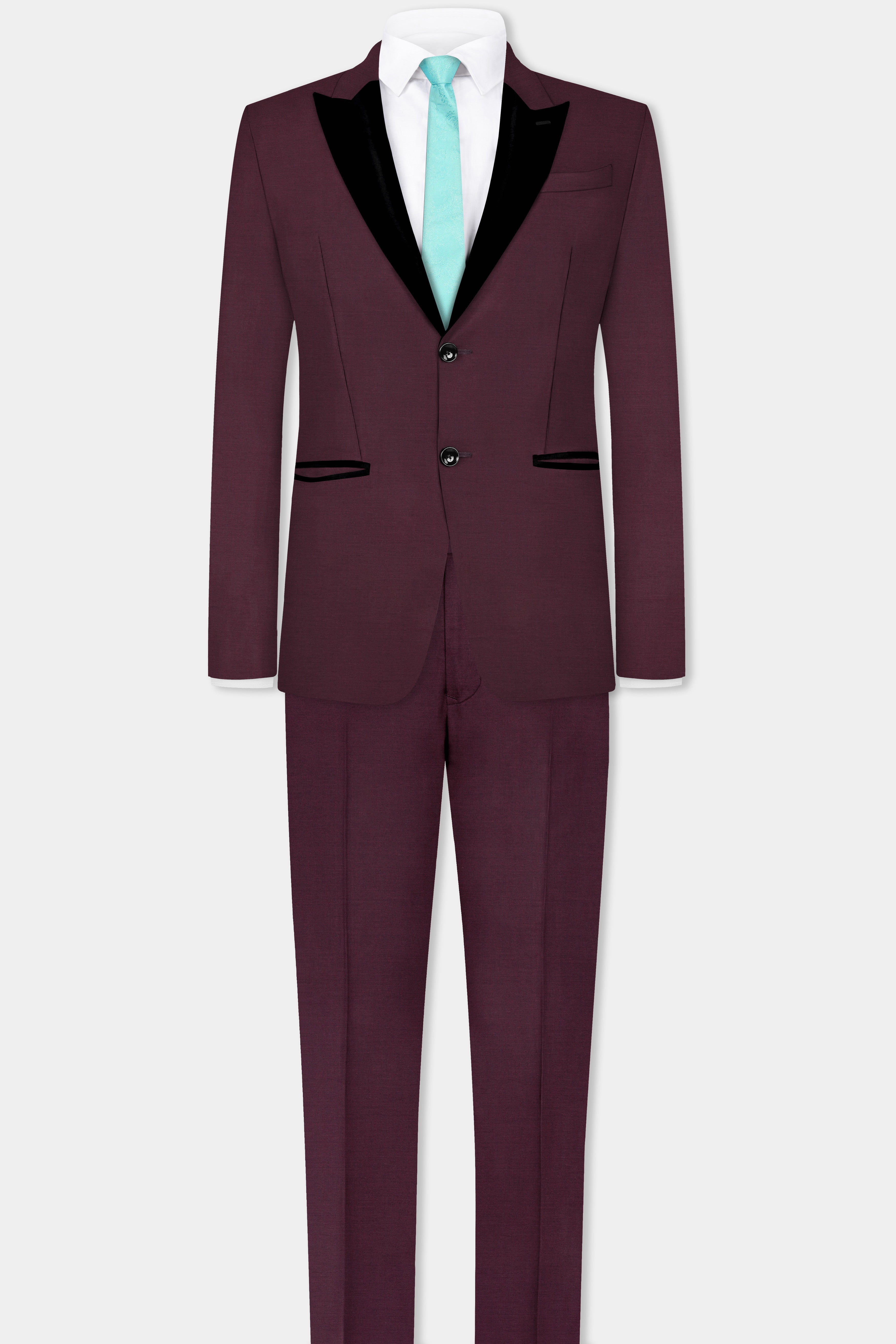 Crater Maroon Solid Wool Blend Peak Collar Tuxedo Blazer