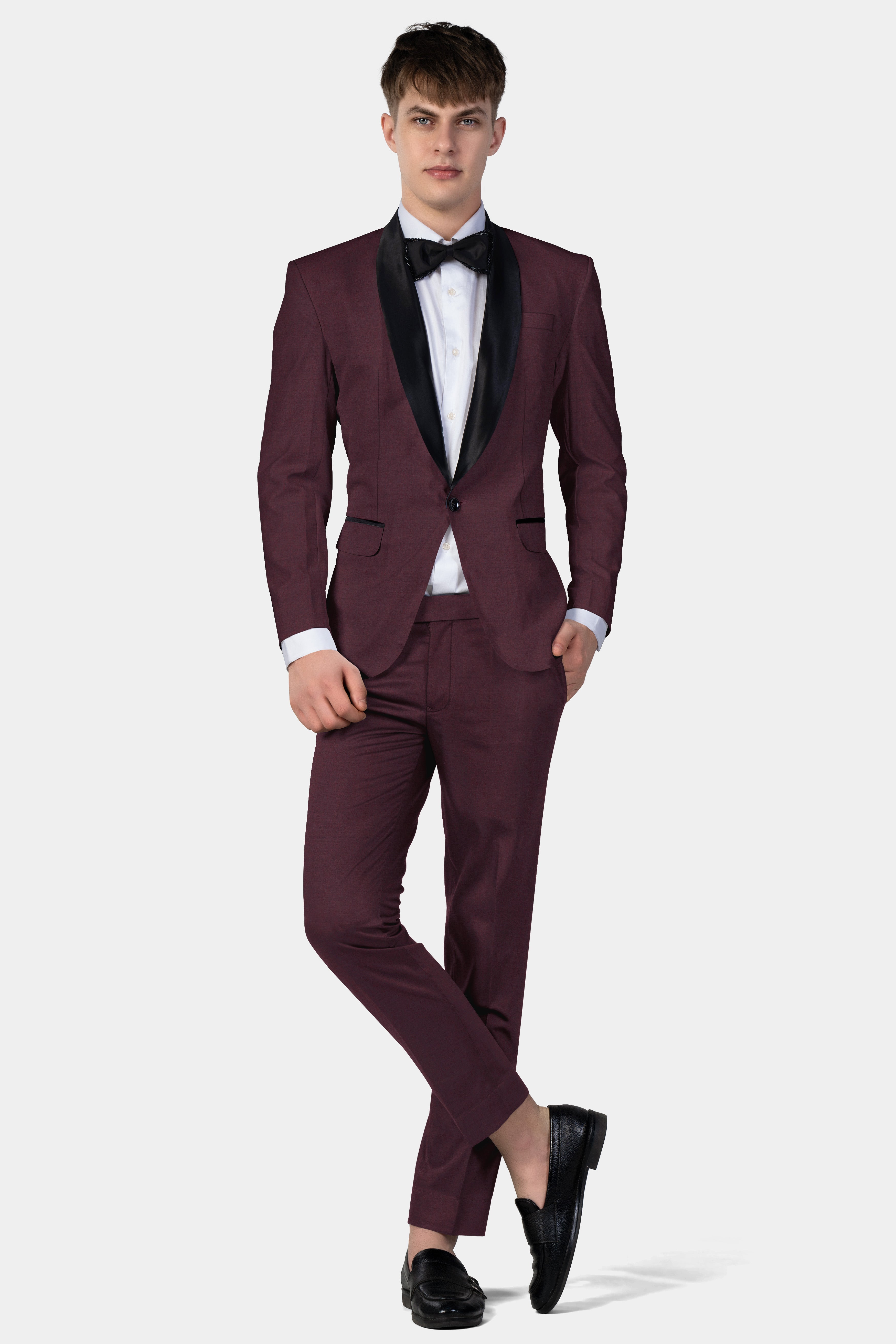 Crater Maroon Solid Wool Blend Tuxedo Blazer