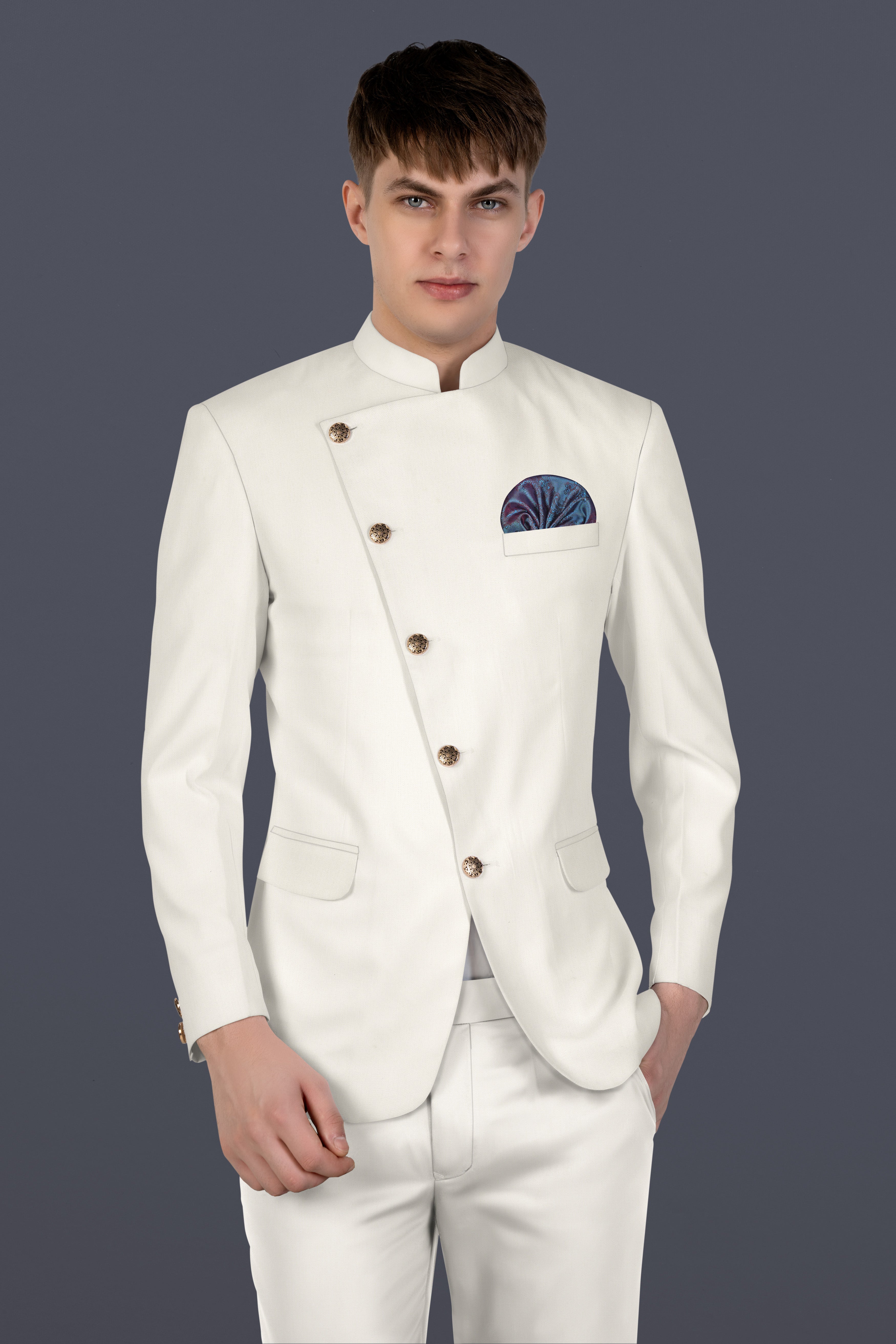 Merino Cream Solid Cotton Cross Placket Bandhgala Blazer