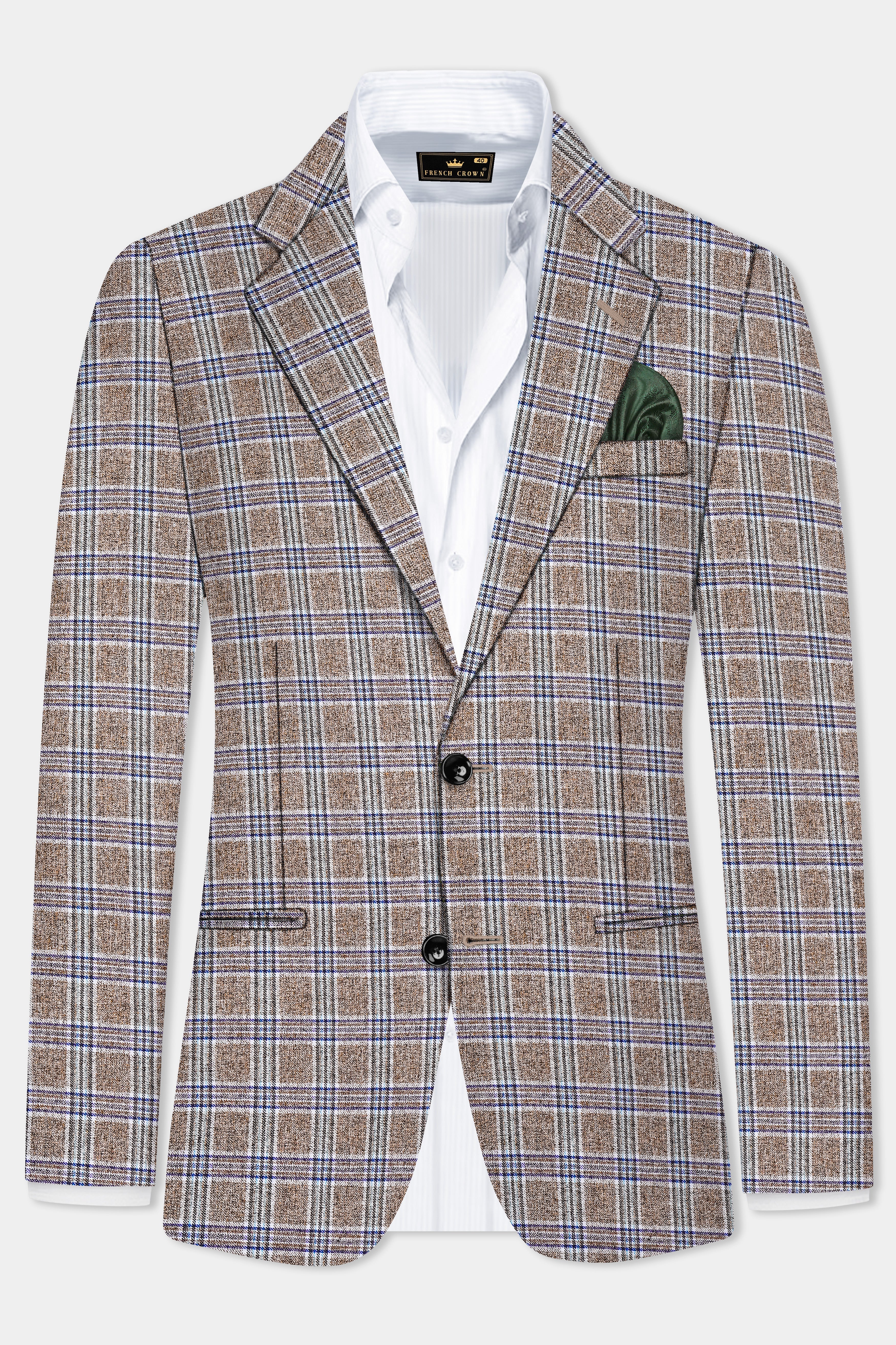 Shadow Brown with Rhino Blue Plaid Wool Blend Single Breasted Blazer