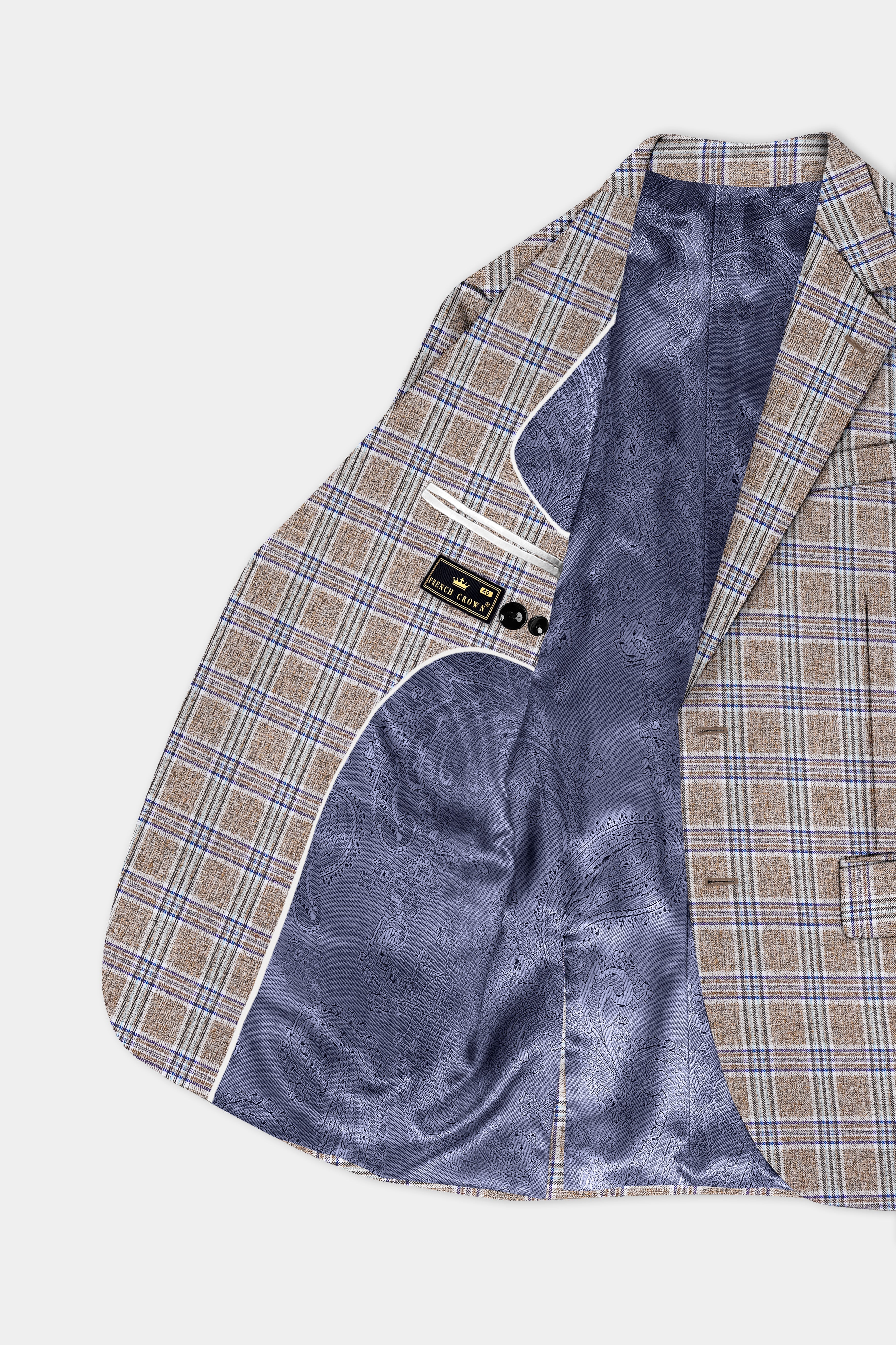 Shadow Brown with Rhino Blue Plaid Wool Blend Single Breasted Blazer