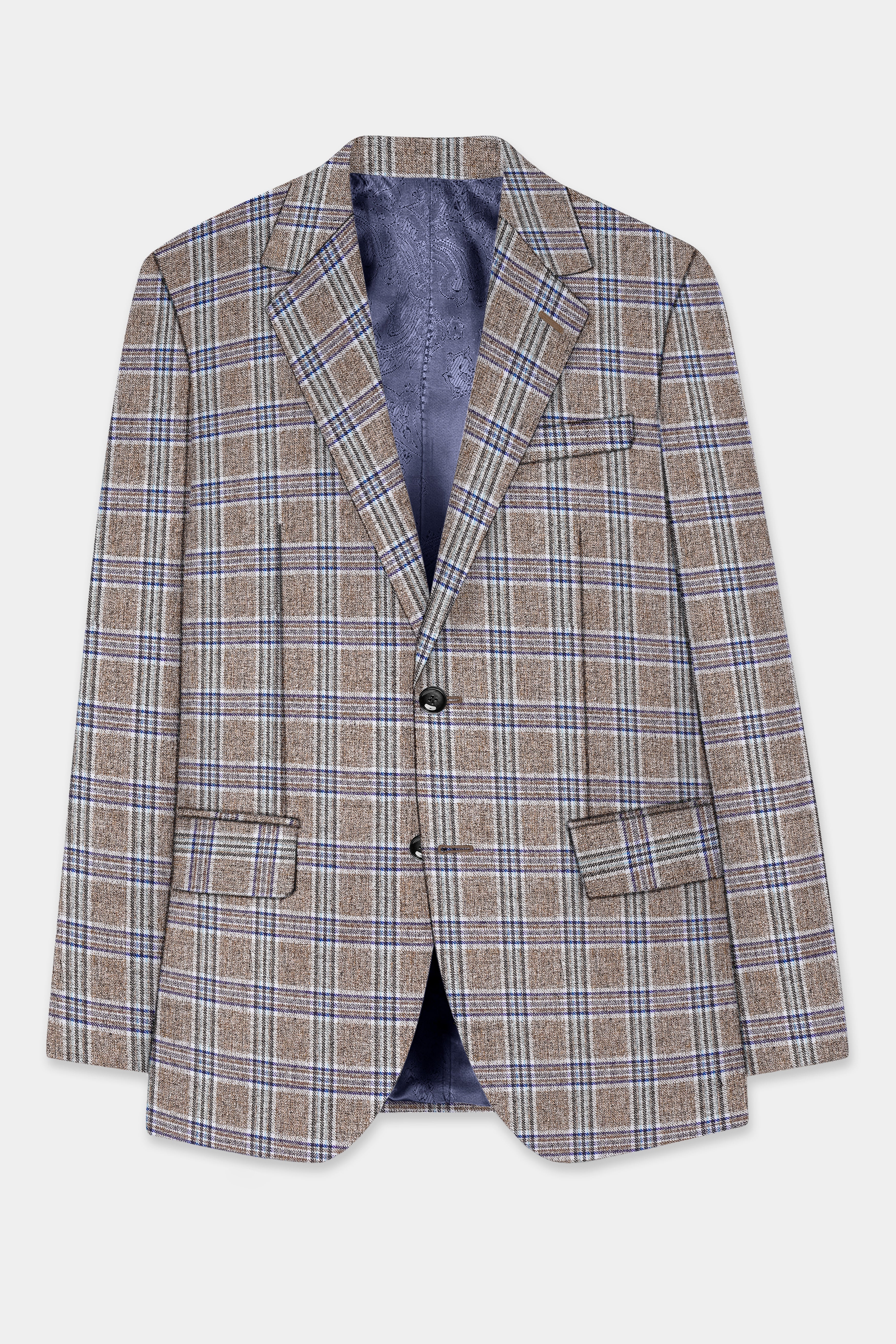 Shadow Brown with Rhino Blue Plaid Wool Blend Single Breasted Blazer