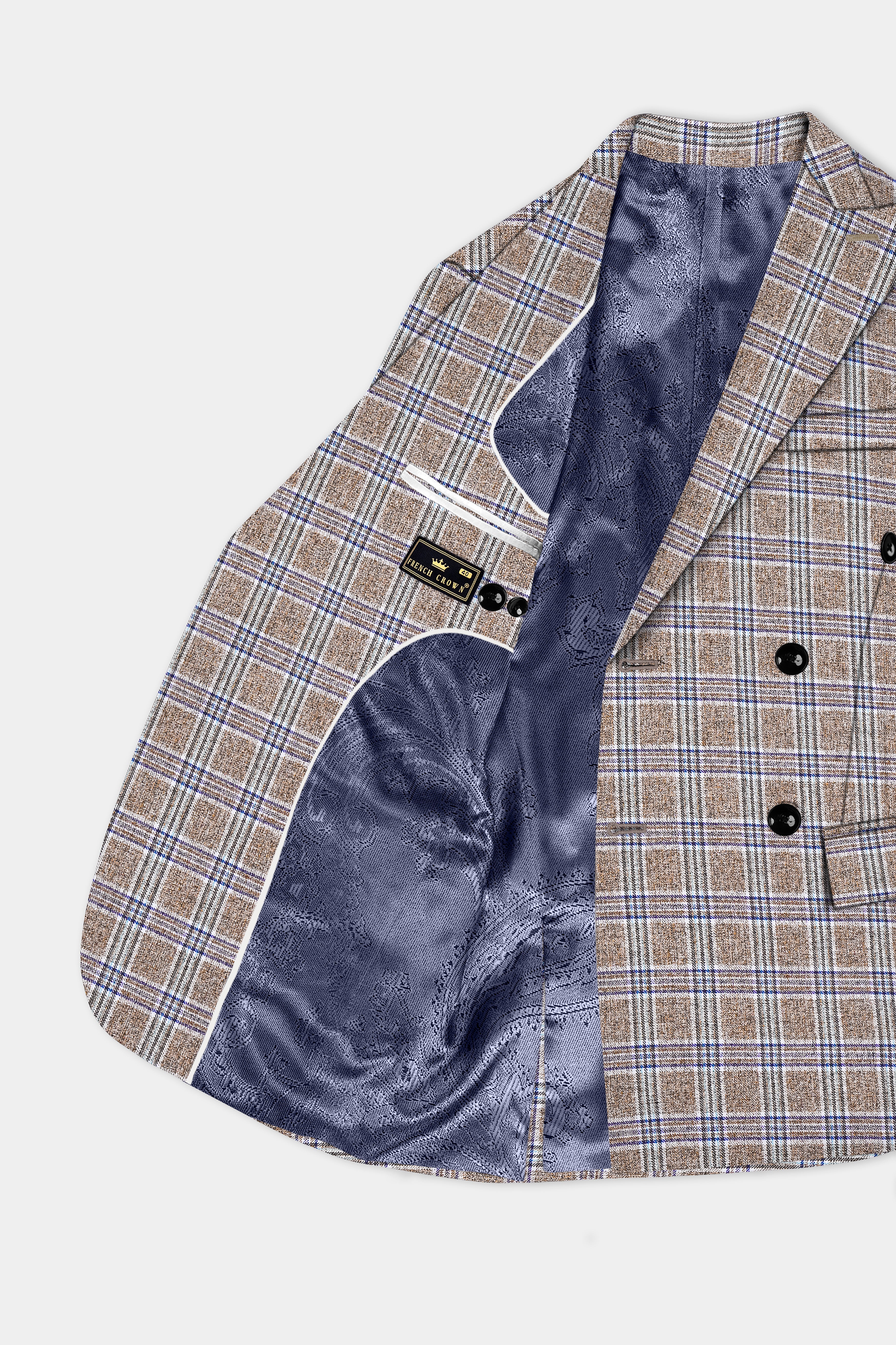 Shadow Brown with Rhino Blue Plaid Wool Blend Double Breasted Blazer