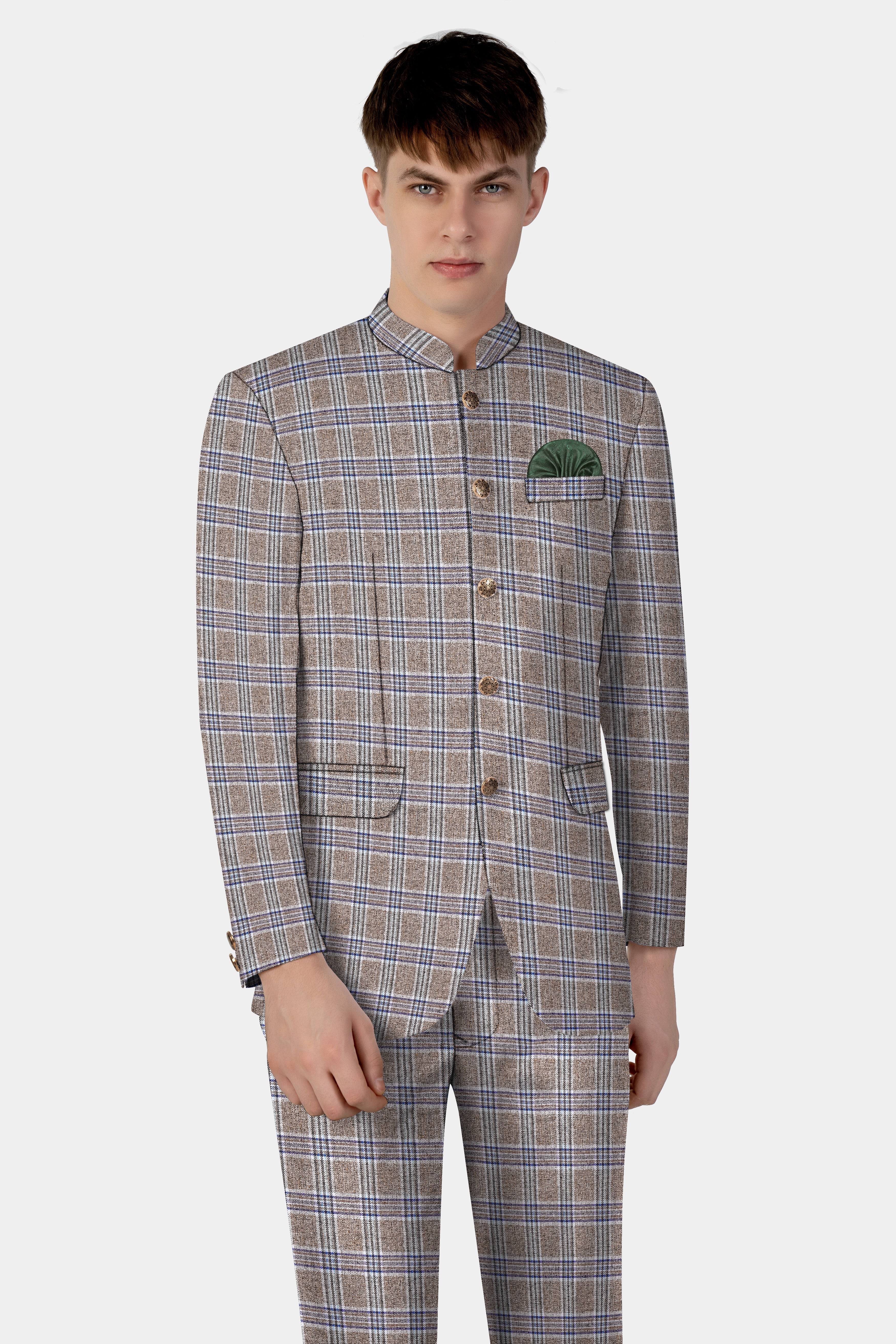 Shadow Brown with Rhino Blue Plaid Wool Blend Bandhgala Blazer