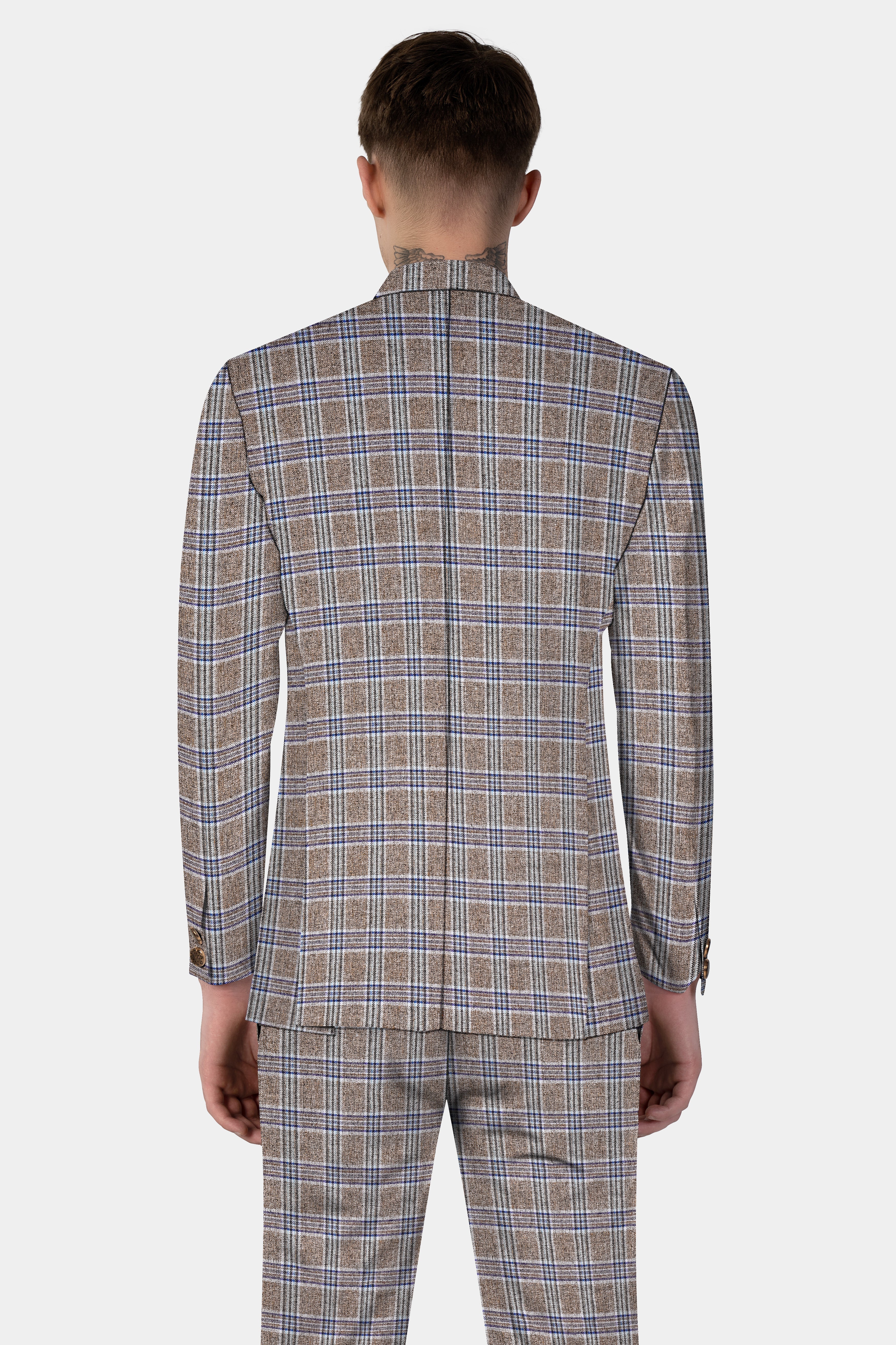 Shadow Brown with Rhino Blue Plaid Wool Blend Cross Placket Bandhgala Blazer