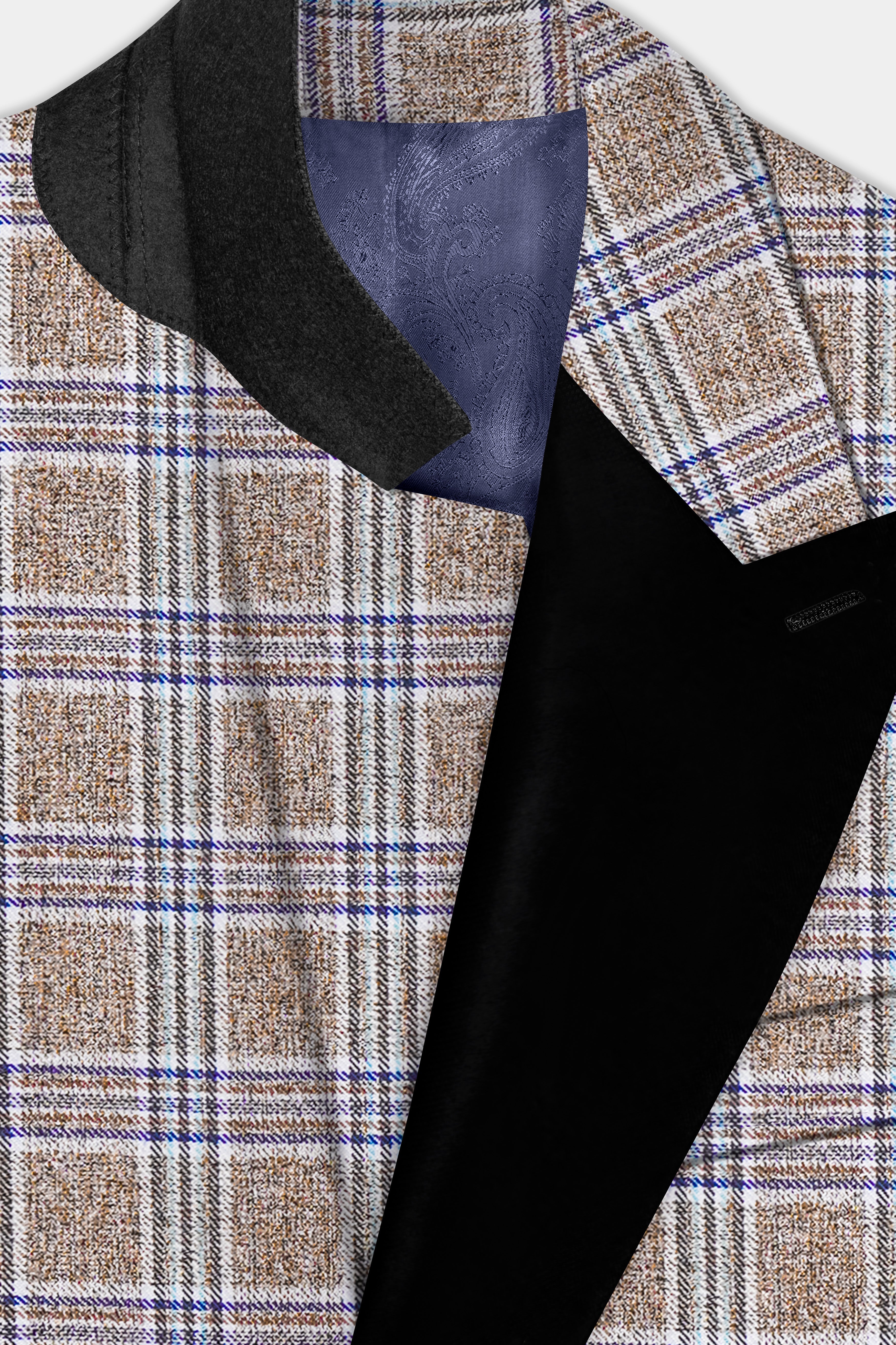 Shadow Brown with Rhino Blue Plaid Wool Blend Peak Collar Tuxedo Blazer