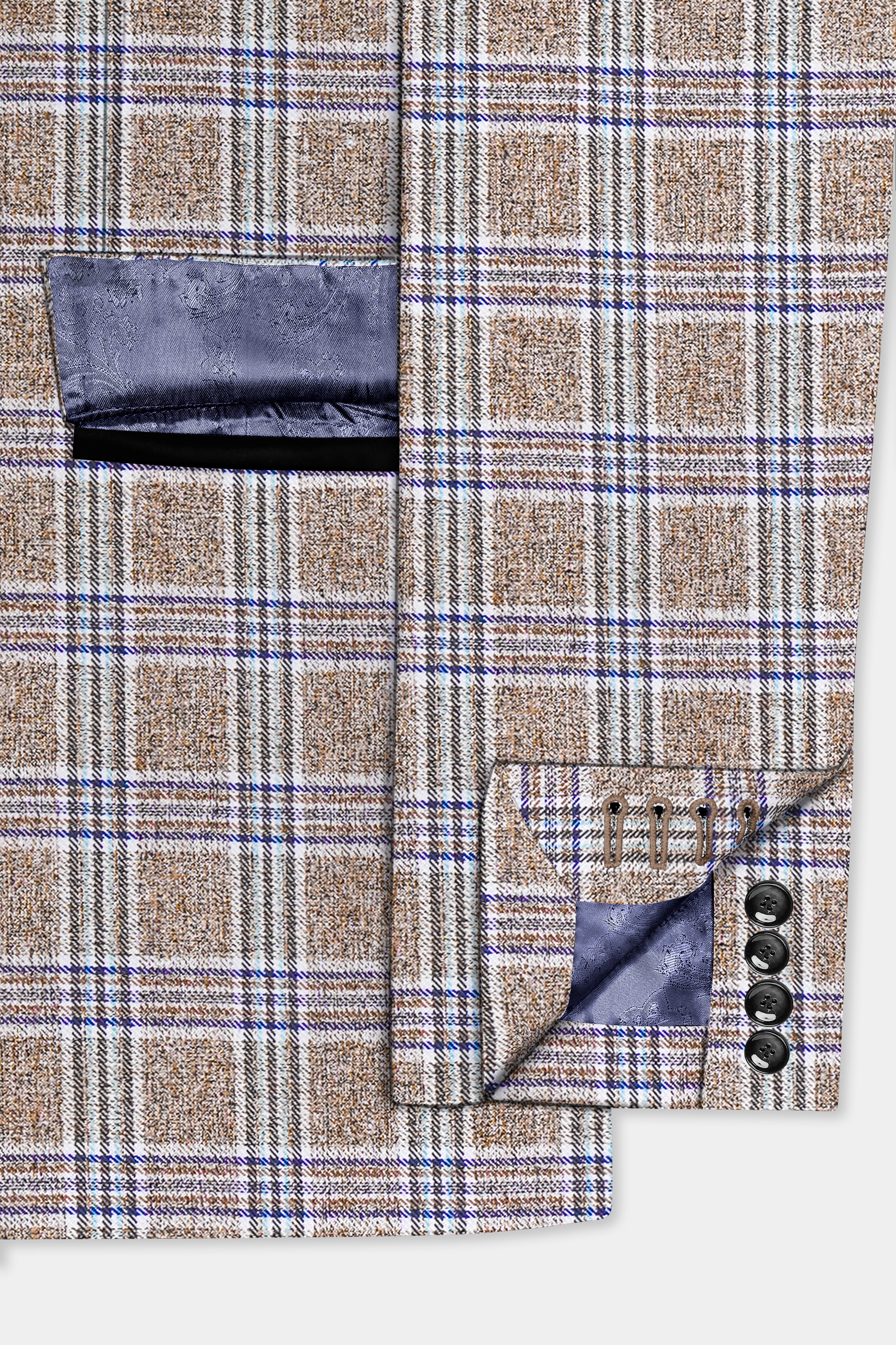 Shadow Brown with Rhino Blue Plaid Wool Blend Peak Collar Tuxedo Blazer