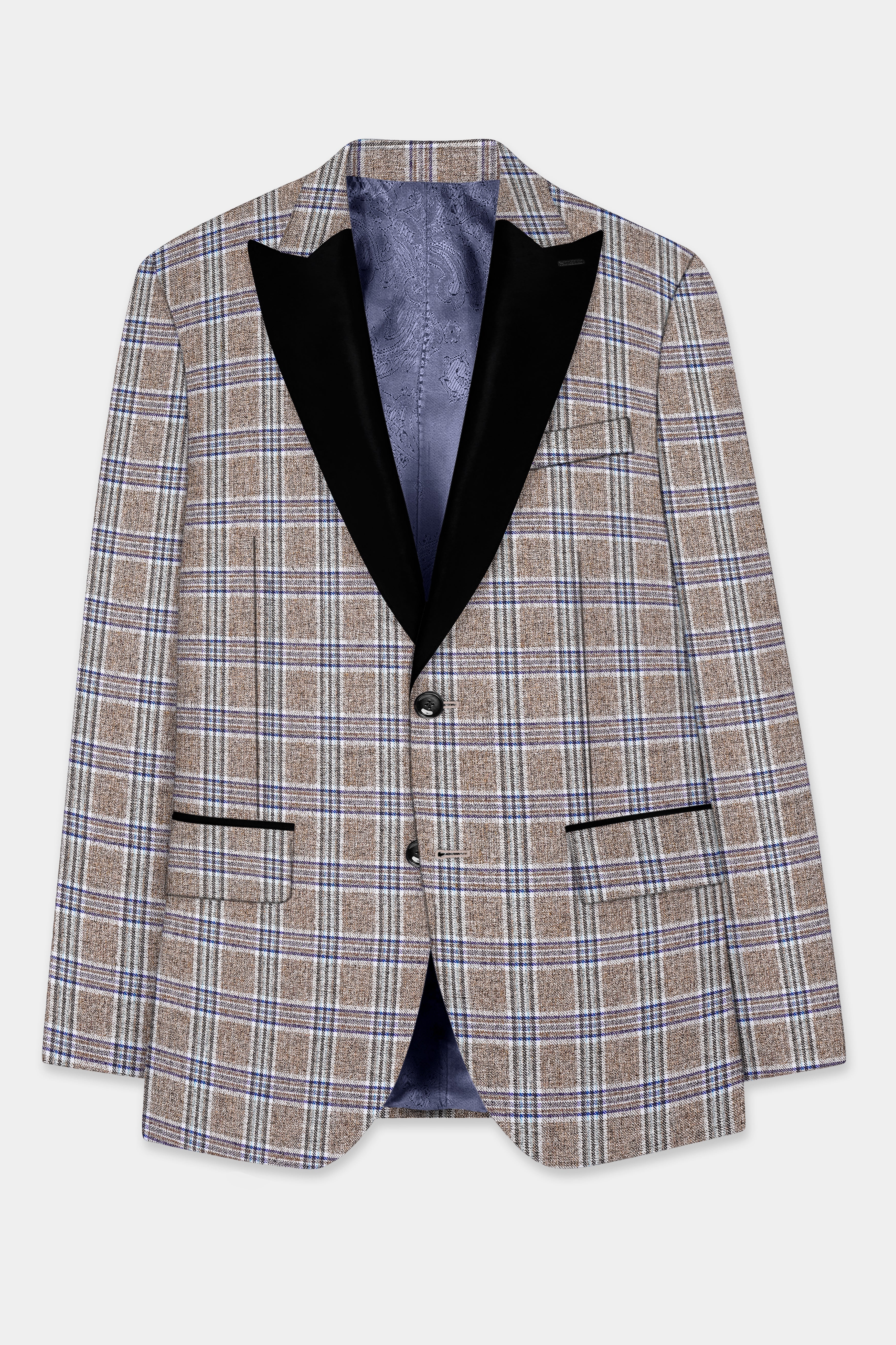 Shadow Brown with Rhino Blue Plaid Wool Blend Peak Collar Tuxedo Blazer