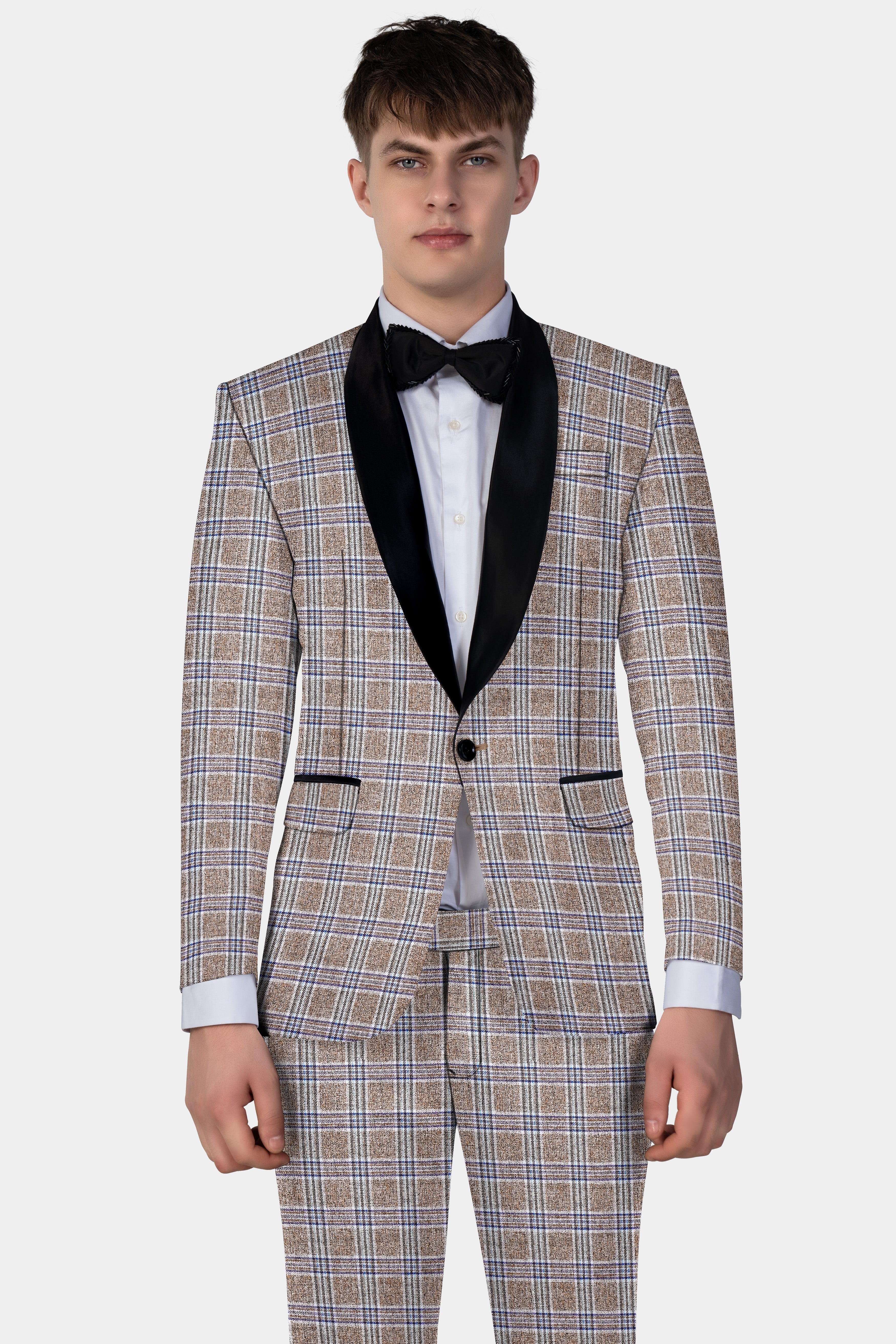 Shadow Brown with Rhino Blue Plaid Wool Blend Tuxedo Blazer