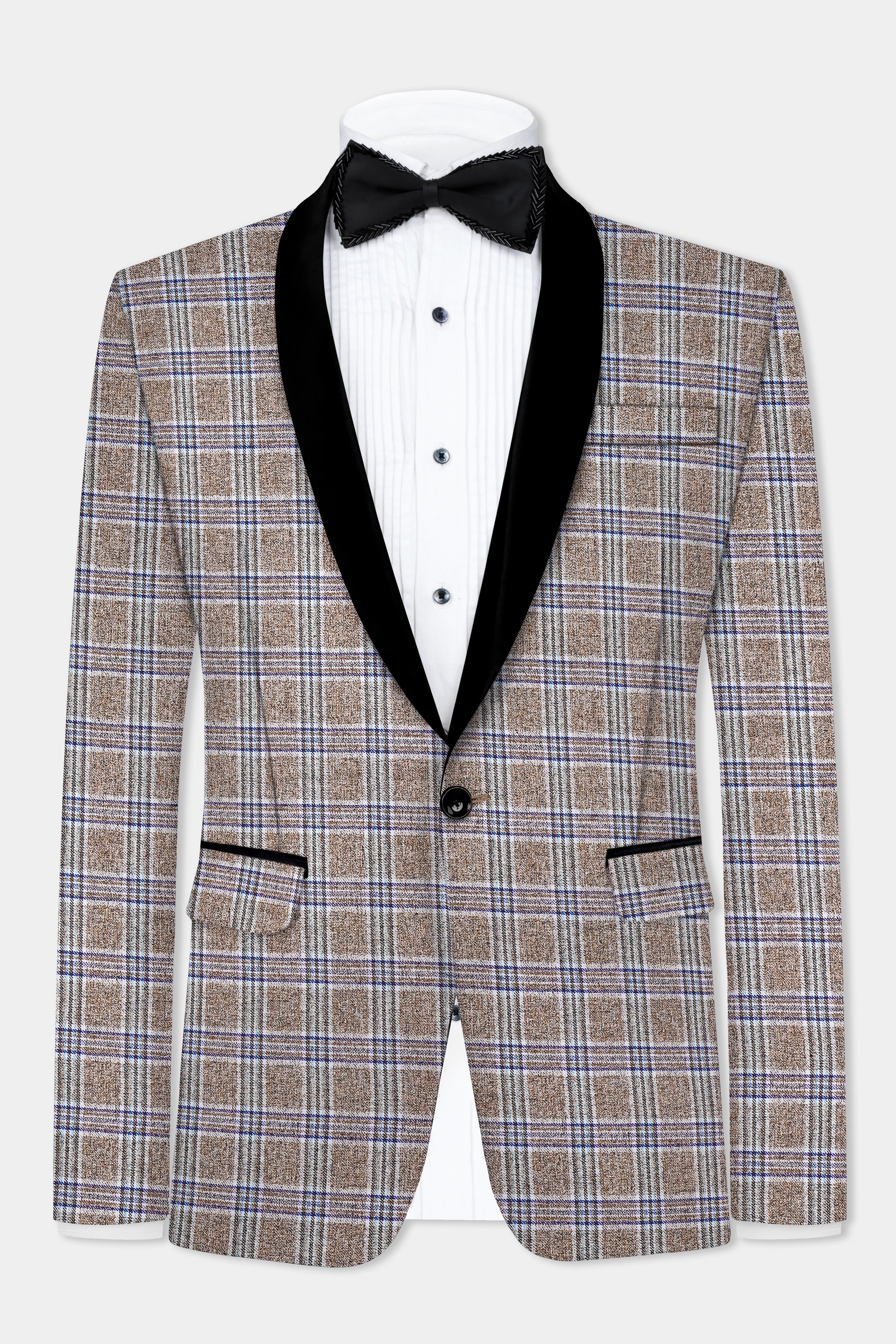 Shadow Brown with Rhino Blue Plaid Wool Blend Tuxedo Blazer