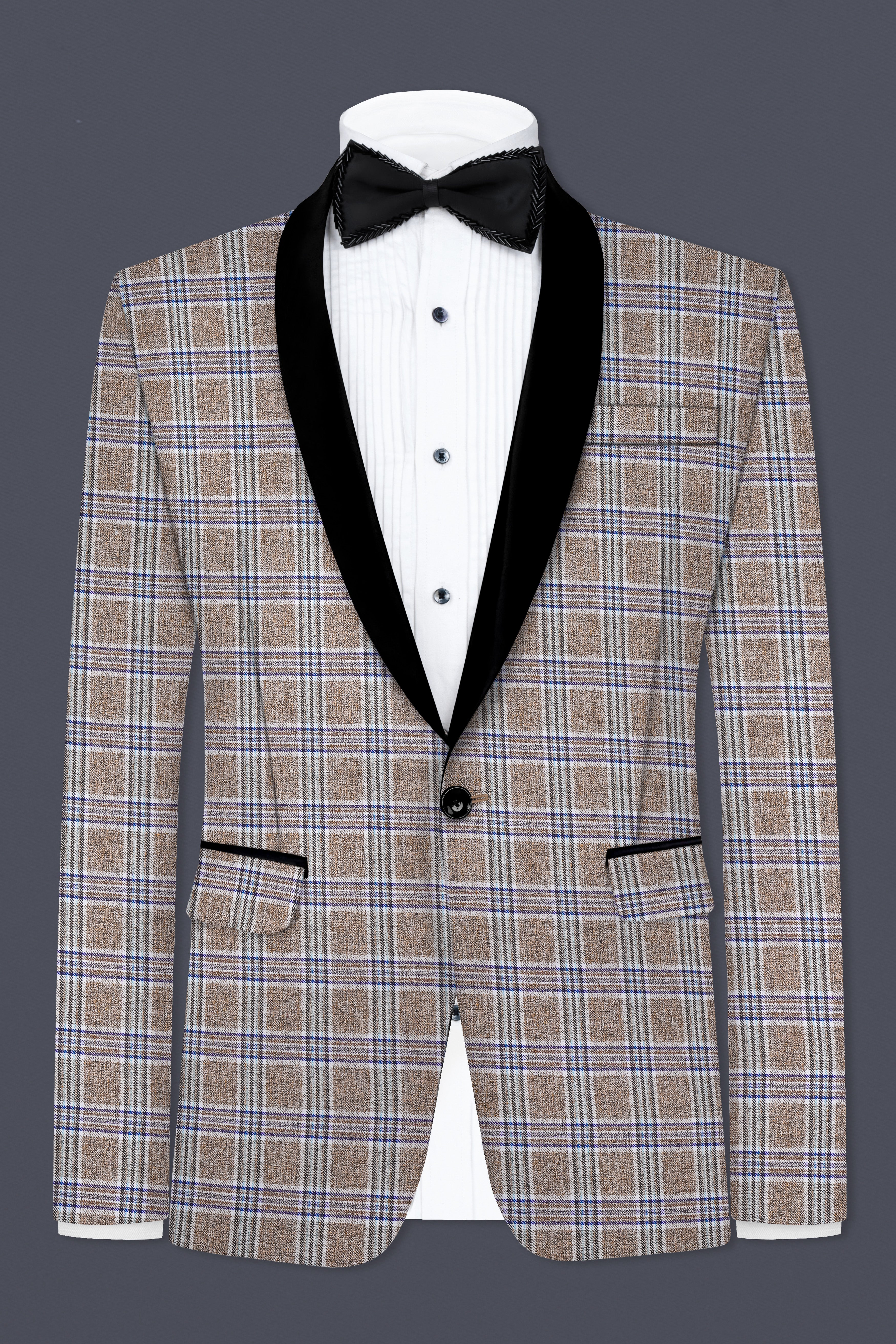 Shadow Brown with Rhino Blue Plaid Wool Blend Tuxedo Blazer