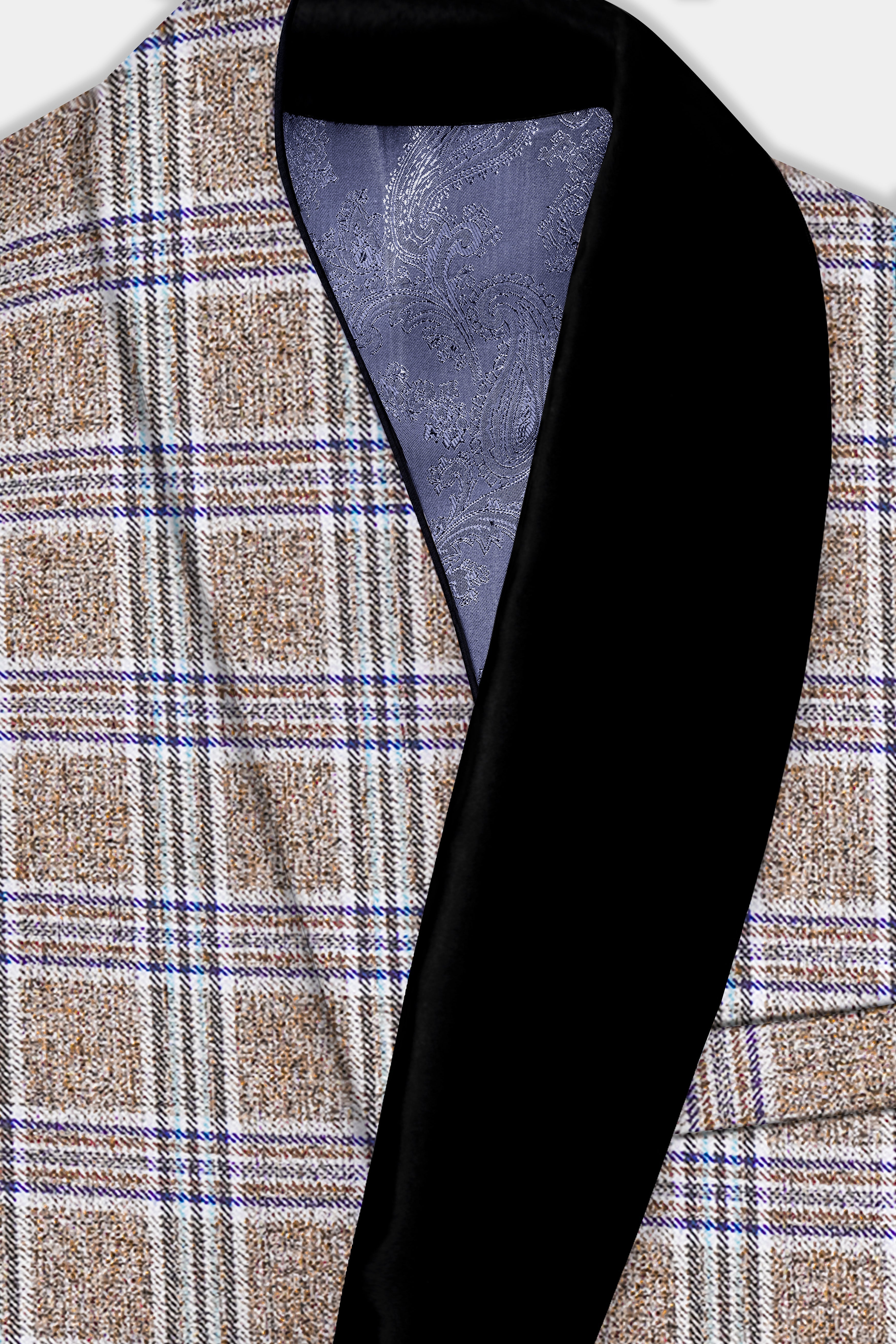 Shadow Brown with Rhino Blue Plaid Wool Blend Tuxedo Blazer