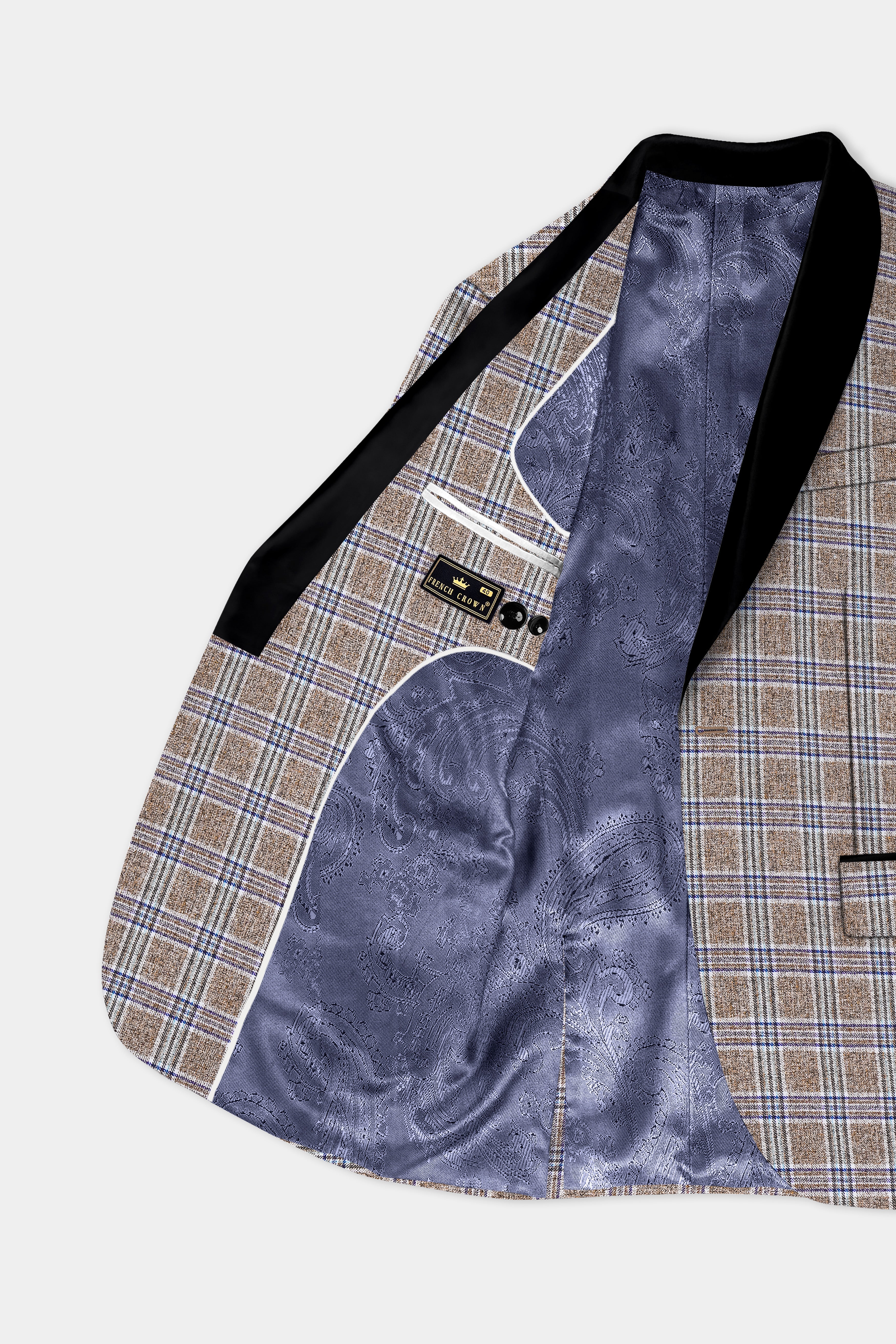 Shadow Brown with Rhino Blue Plaid Wool Blend Tuxedo Blazer