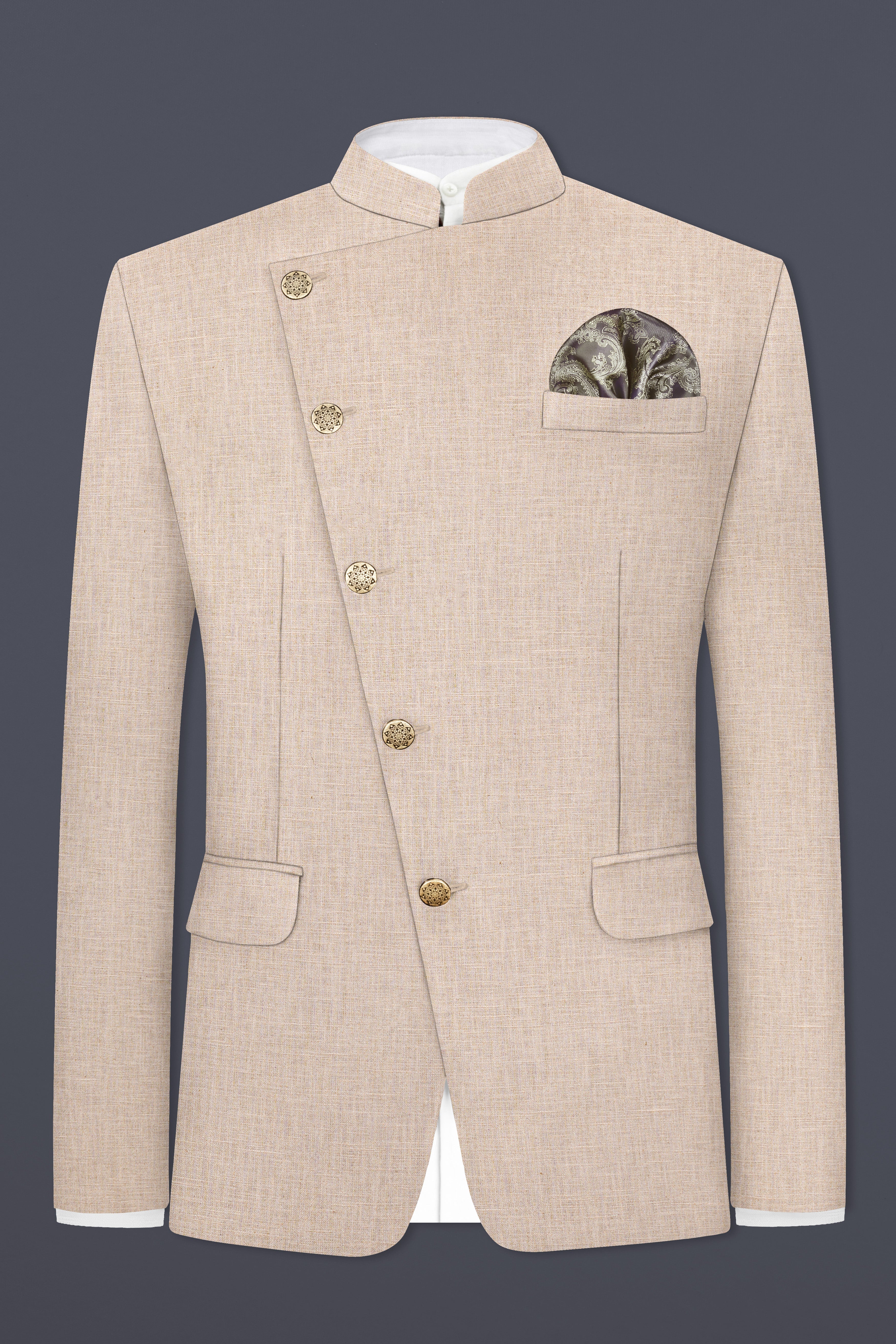 Sisal Cream Luxurious Linen Cross Placket Bandhgala Blazer